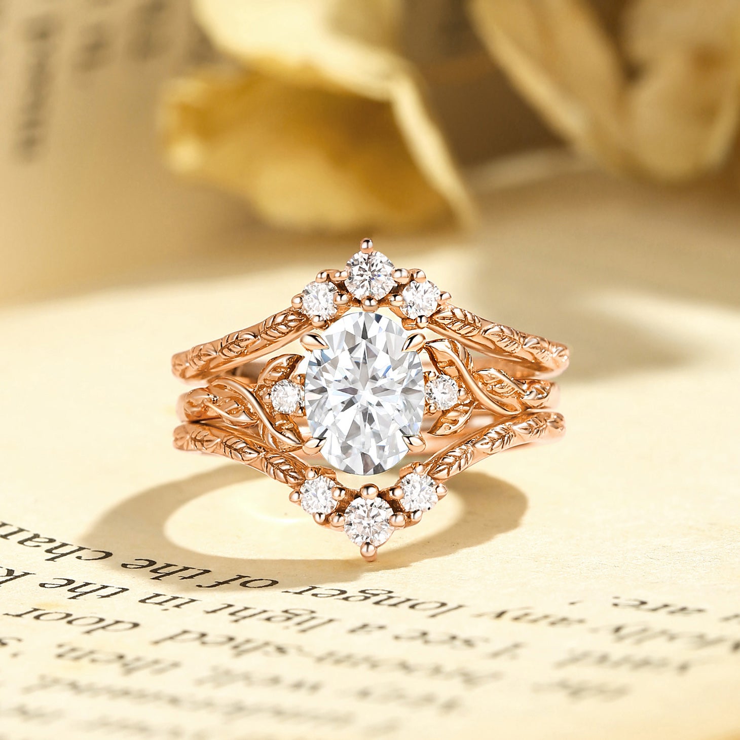 Josephine - Moissanite Oval Cut Leafy Filigree Bridal Set 2pcs