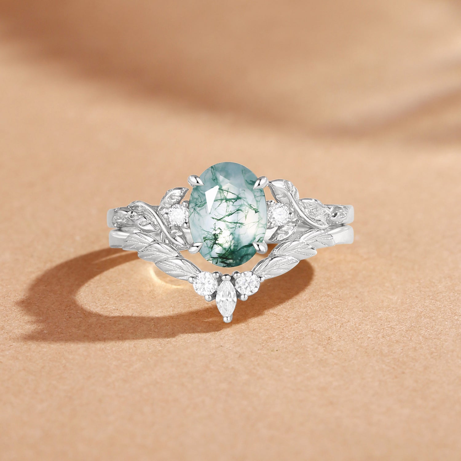 Eden - Nature Inspried Moss Agate Oval Cut Engagement Ring Set 2pcs