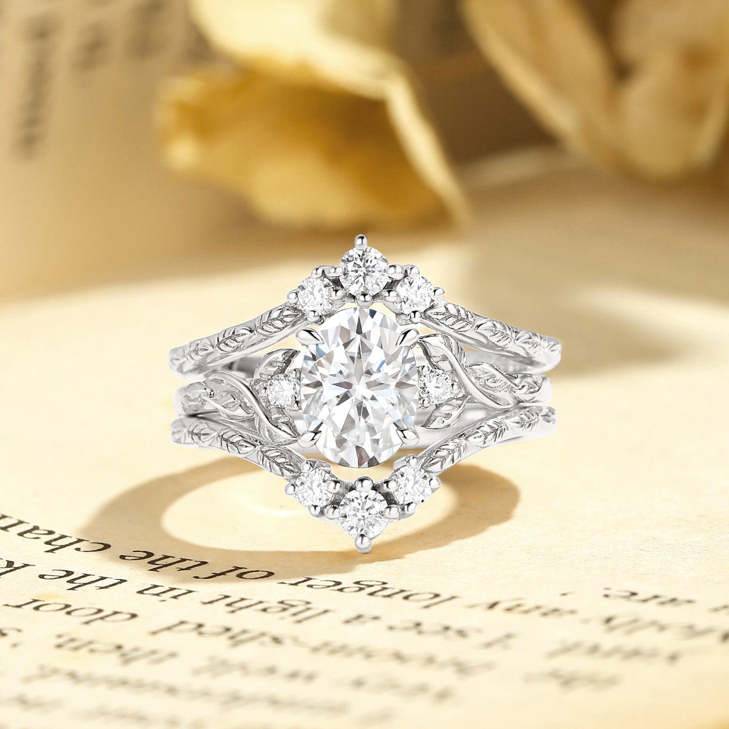 Josephine - Moissanite Oval Cut Leafy Filigree Bridal Set 2pcs