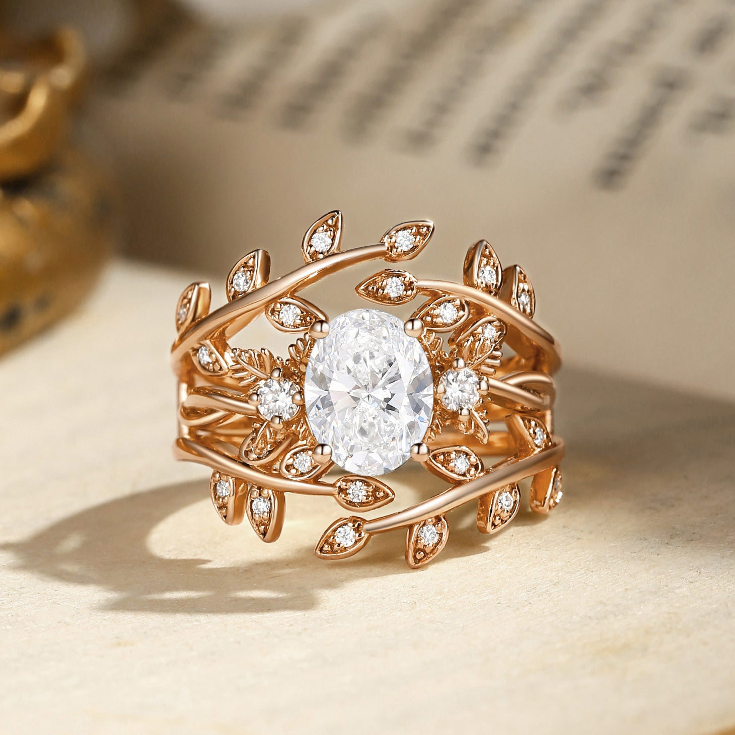 Léonie - 1.0CT Oval Cut Lab Grown Diamond Leafy Enhancer Ring Set 2pcs