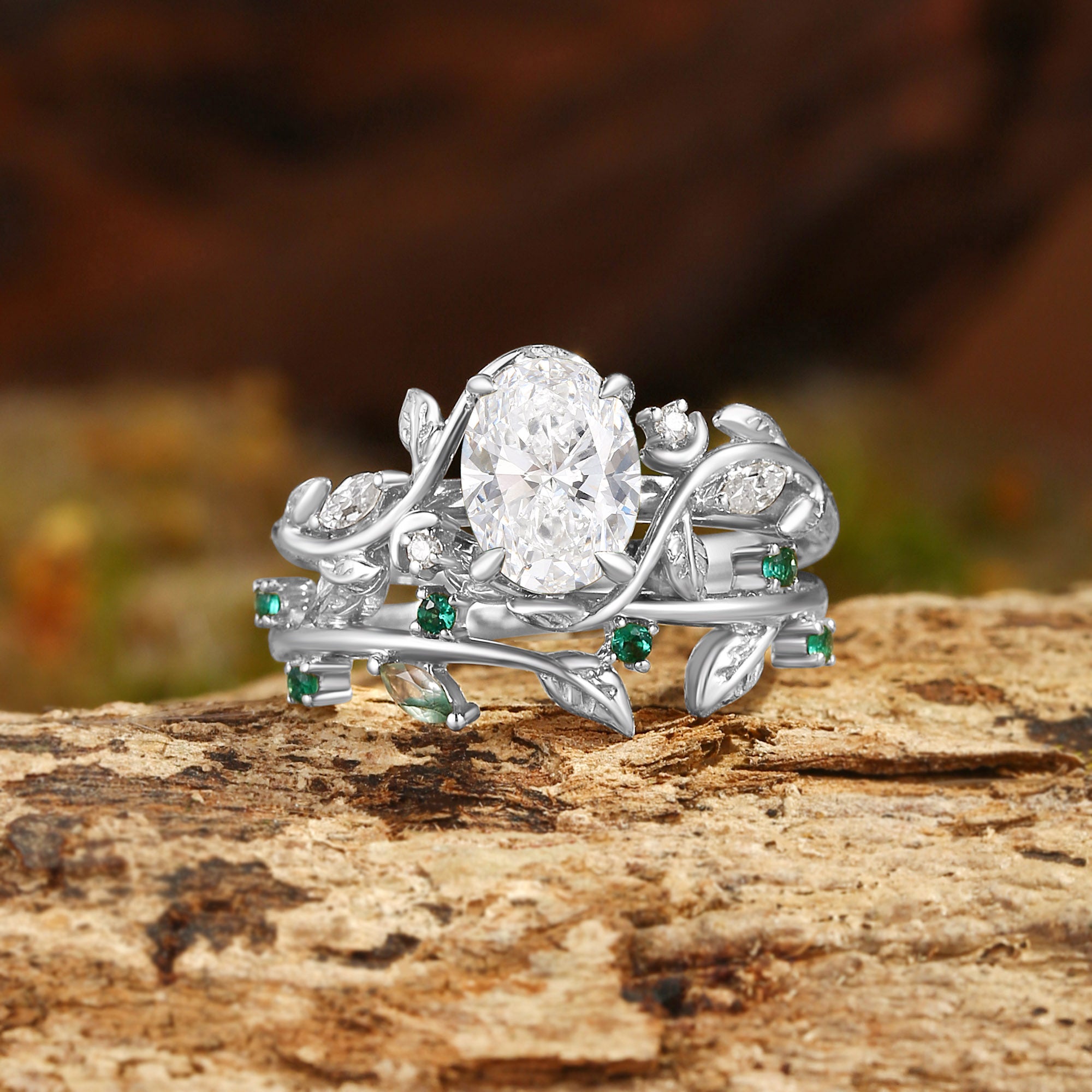 Désirée - 1.0CT Oval Cut Lab Grown Diamond Branch Leafy Engagement Ring Set 2pcs