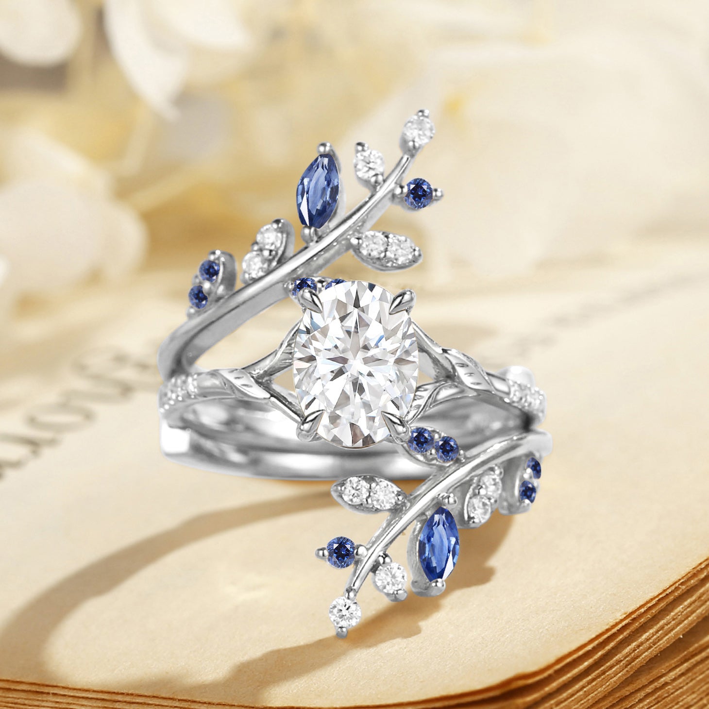Daphne - Moissanite & Sapphire Cluster Bridal Set 2pcs