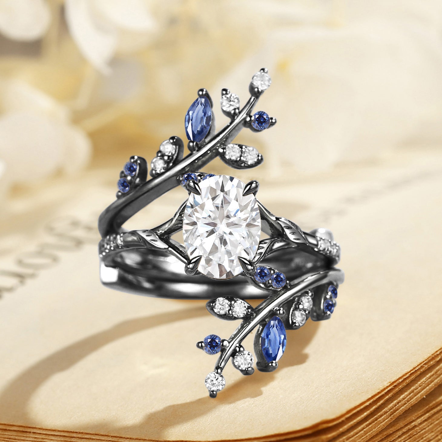 Daphne - Moissanite & Sapphire Cluster Bridal Set 2pcs