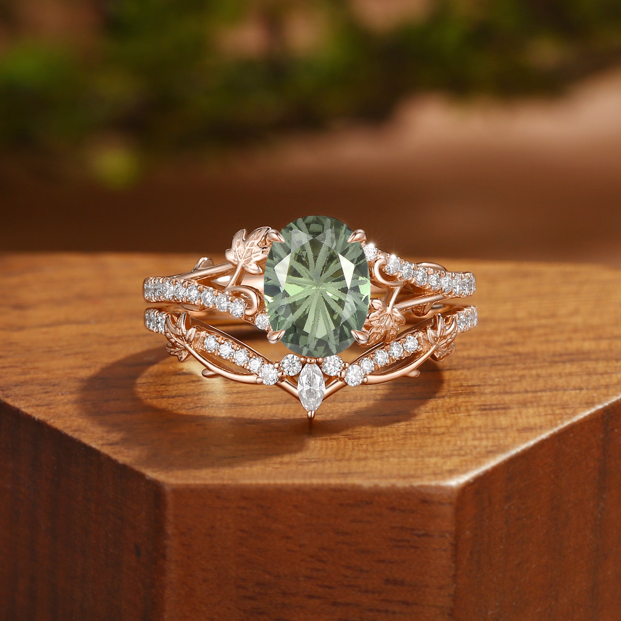 Melisande - Oval Cut Firework Green Sapphire Grape Leaf Engagement Ring Set 2Pcs