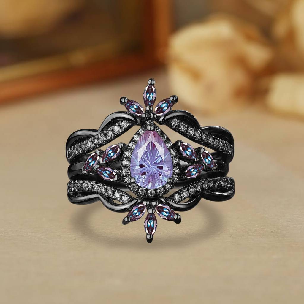 Edith - Halo Vintage Pear Firework Cut Alexandrite Enhancer Ring Set 2pcs