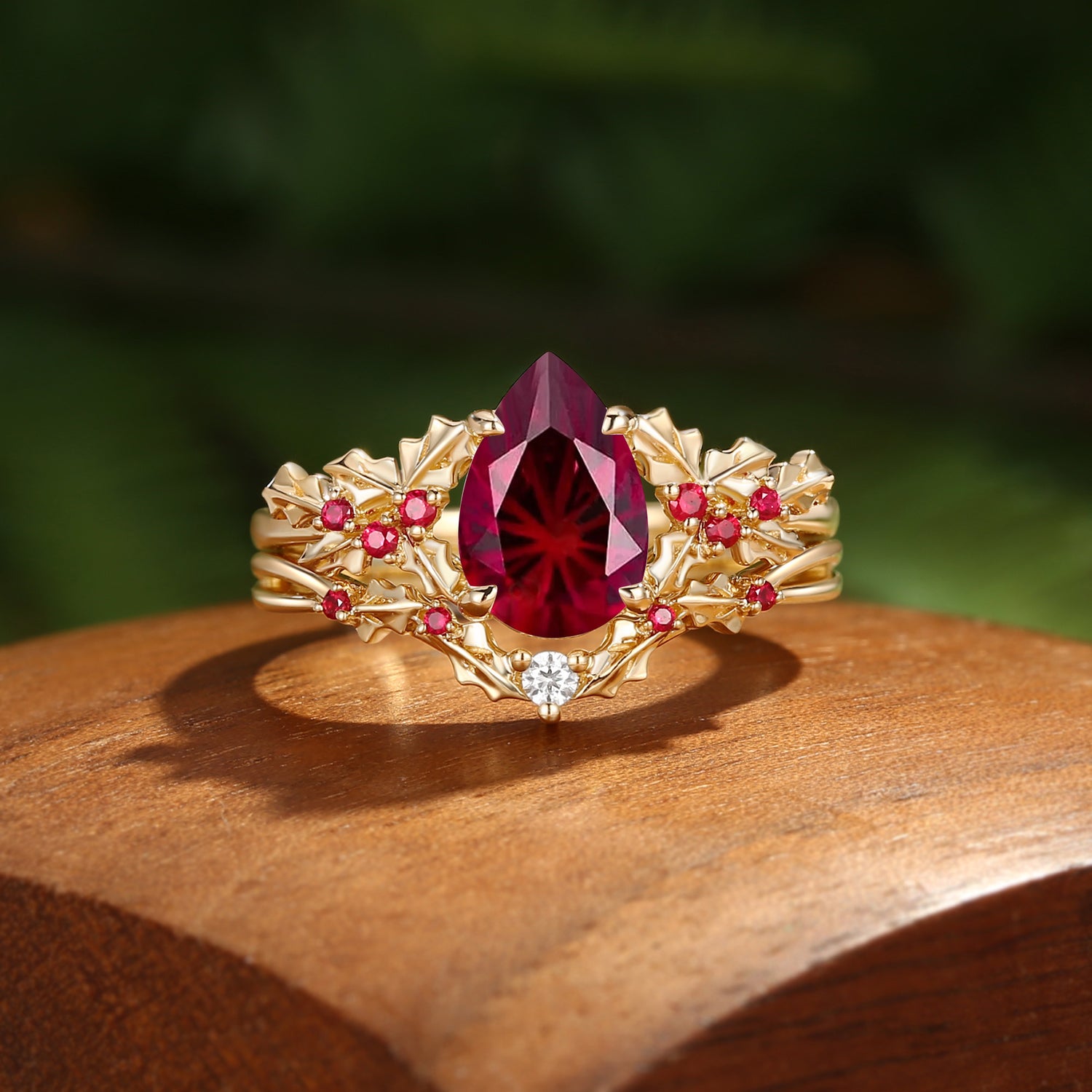 Victoria - Firework Pear Cut  Ruby & Natural Ruby Holly Leaf Engagement Ring Set 2PCS