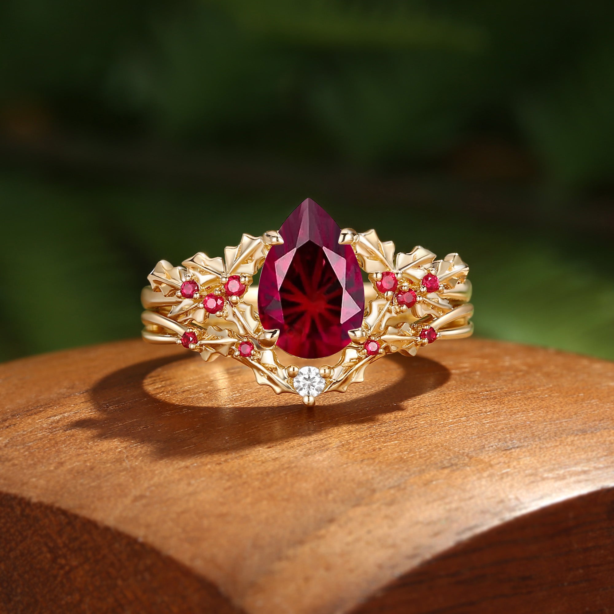 Victoria - Firework Pear Cut  Ruby & Natural Ruby Holly Leaf Engagement Ring Set 2PCS