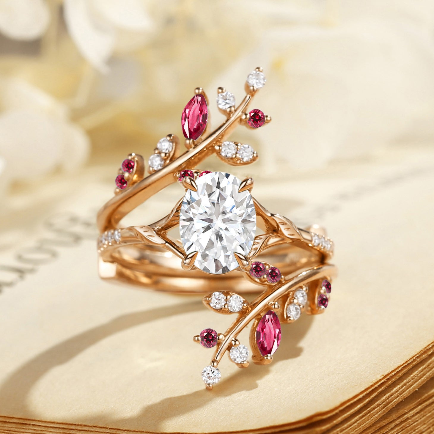 Daphne - Moissanite & Ruby Cluster Bridal Set 2pcs