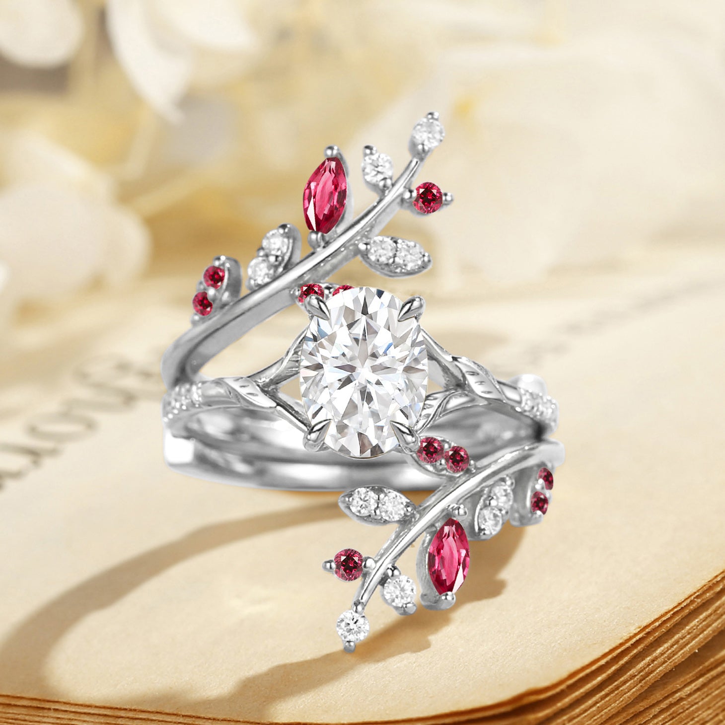 Daphne - Moissanite & Ruby Cluster Bridal Set 2pcs