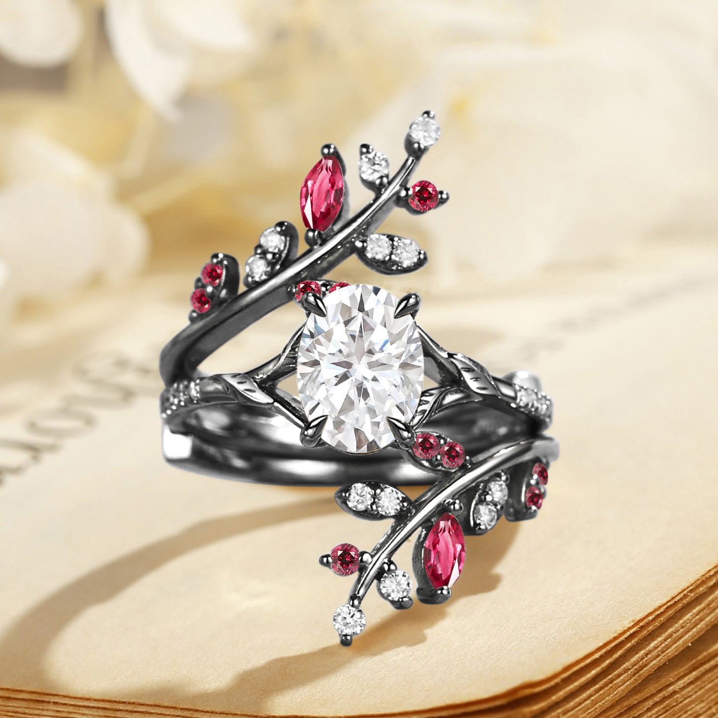 Daphne - Moissanite & Ruby Cluster Bridal Set 2pcs