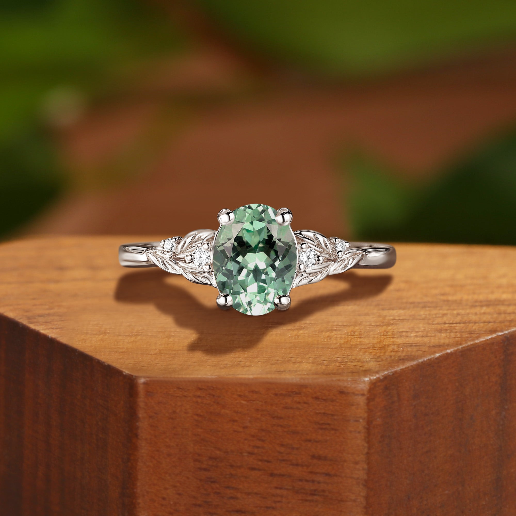 Bina - Oval Cut Lab Mint Light Green Sapphire Vine Engagement Ring