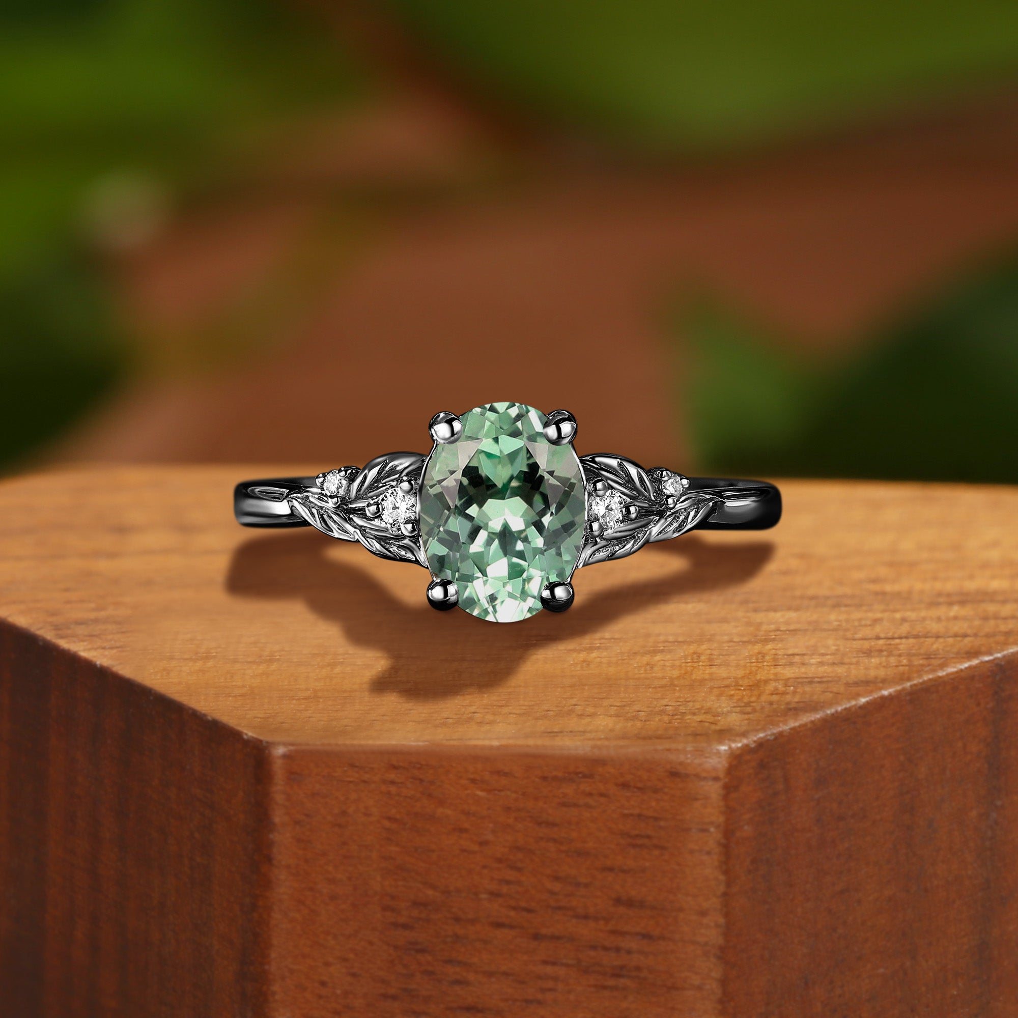 Bina - Oval Cut Lab Mint Light Green Sapphire Vine Engagement Ring