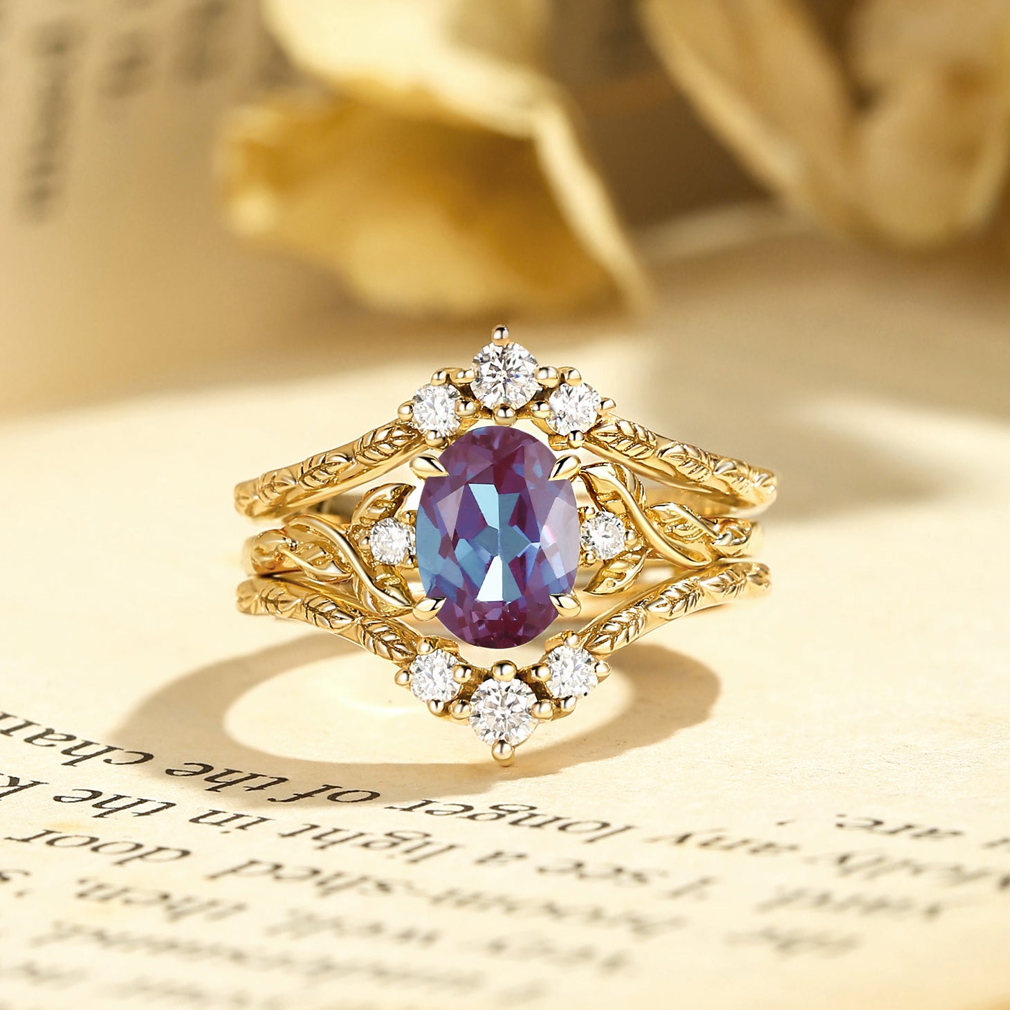 Josephine - Alexandrite Oval Cut Leafy Filigree Bridal Set 2pcs