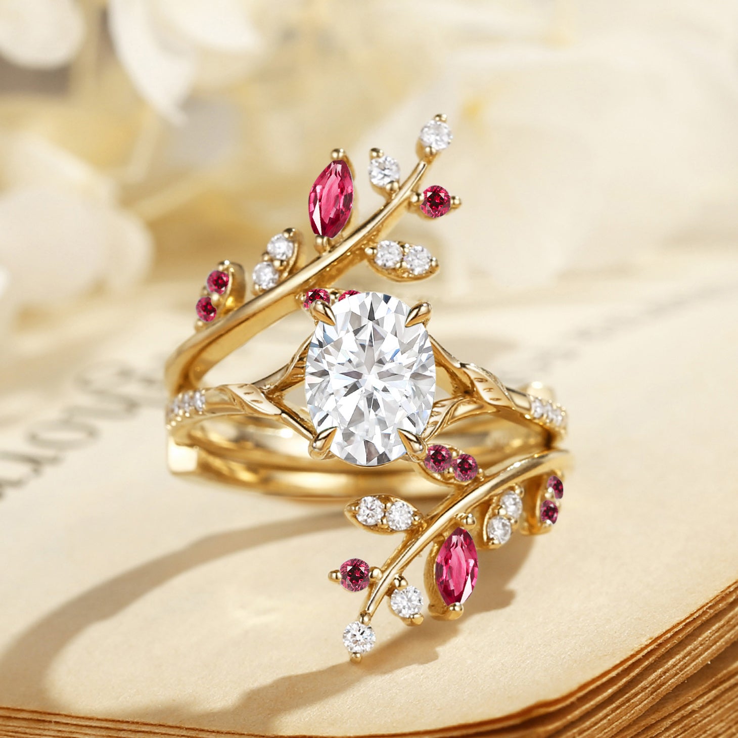Daphne - Moissanite & Ruby Cluster Bridal Set 2pcs