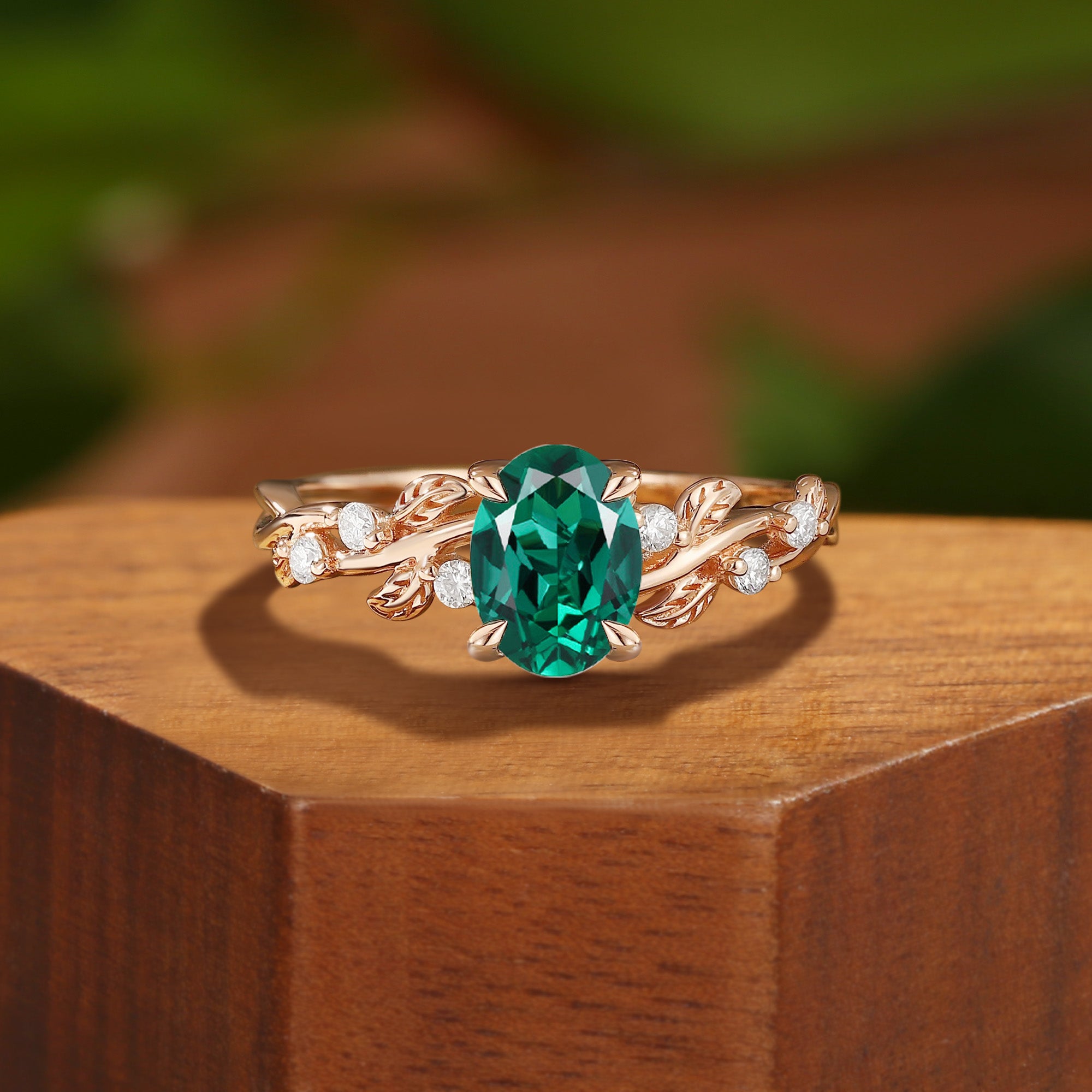 Clarissa - Oval Cut Lab Emerald Gold Nature Leaf Engagement Ring