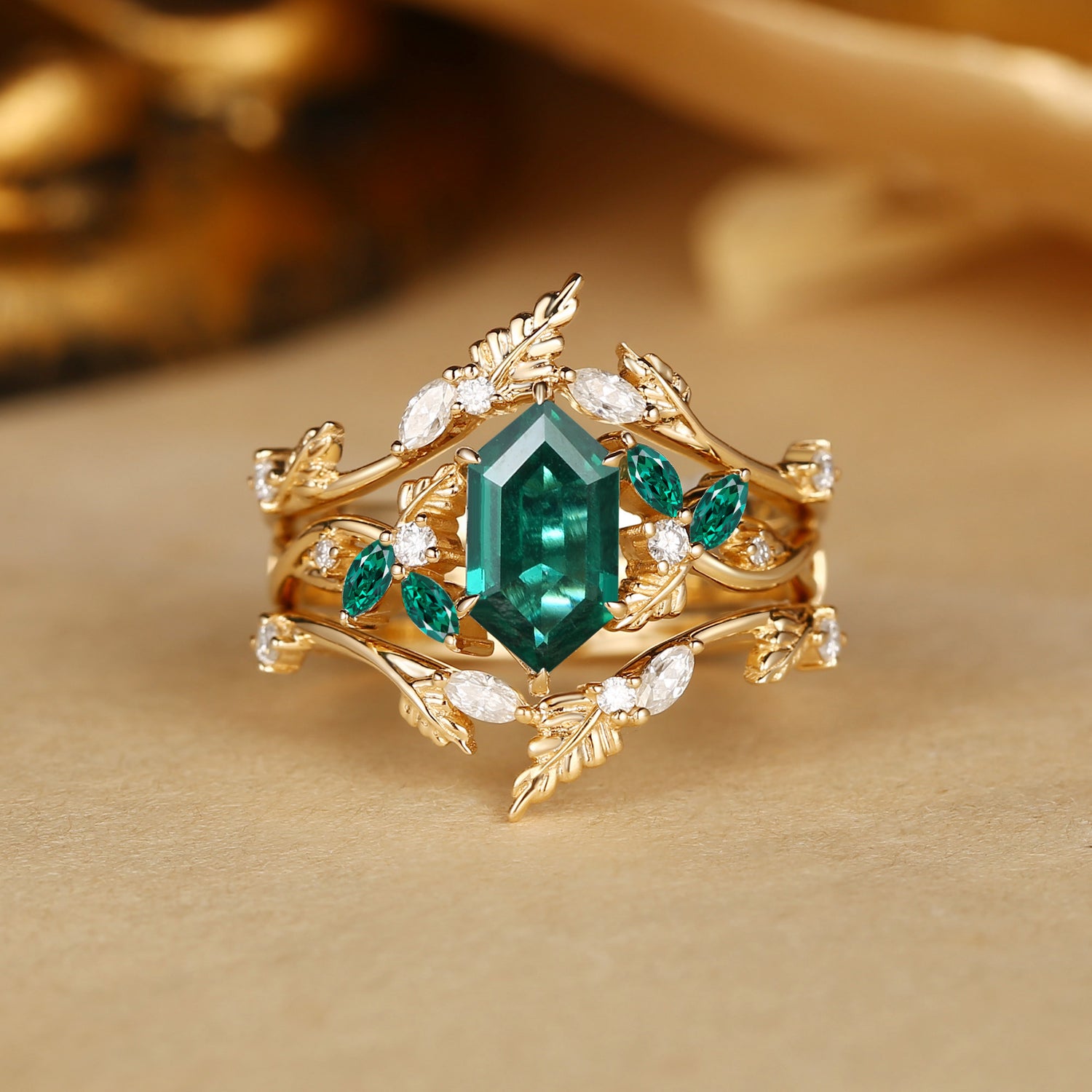 Quilina - Hexagon Cut Lab Emerald Oak Nature Inspired Enhancer Ring 2pcs