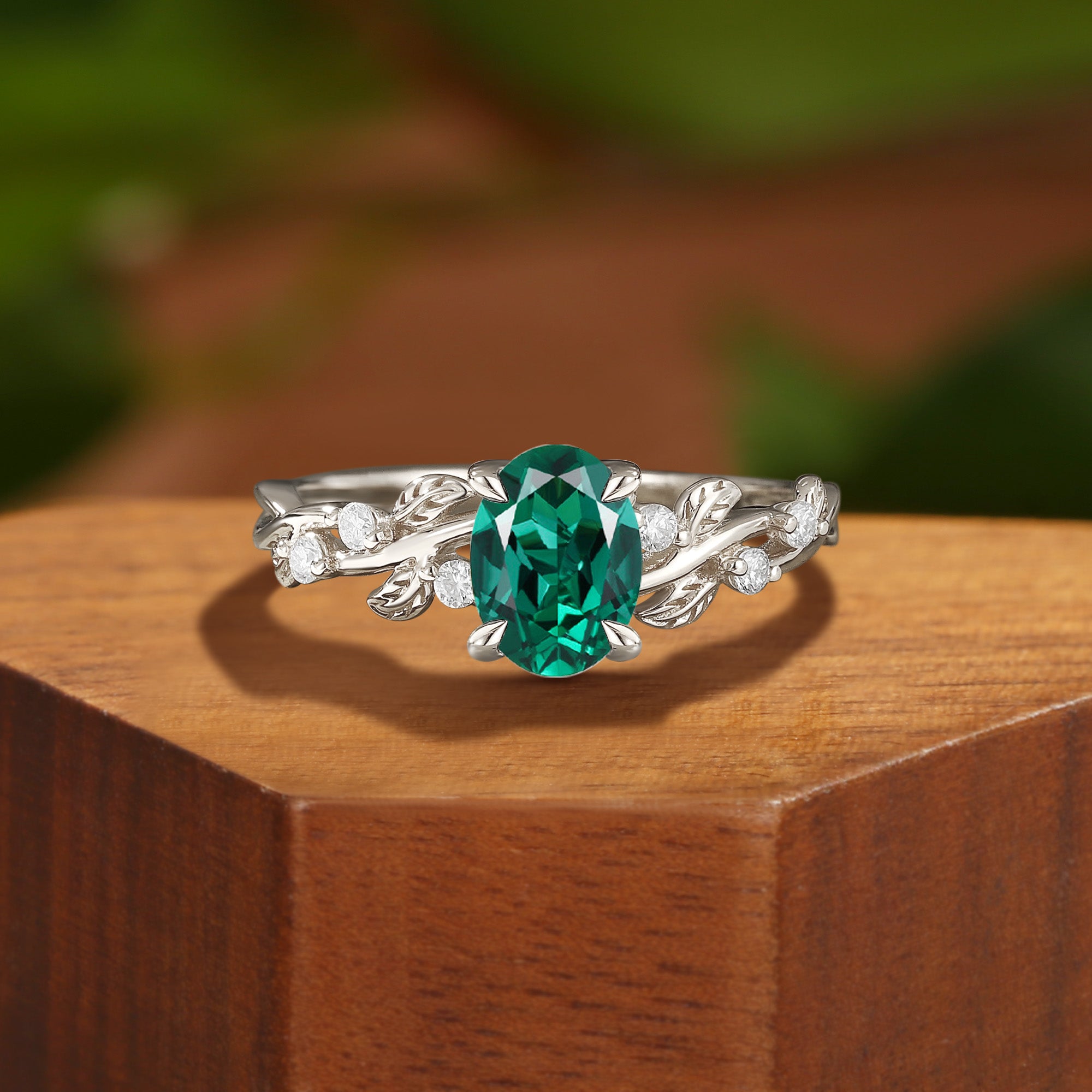 Clarissa - Oval Cut Lab Emerald Gold Nature Leaf Engagement Ring