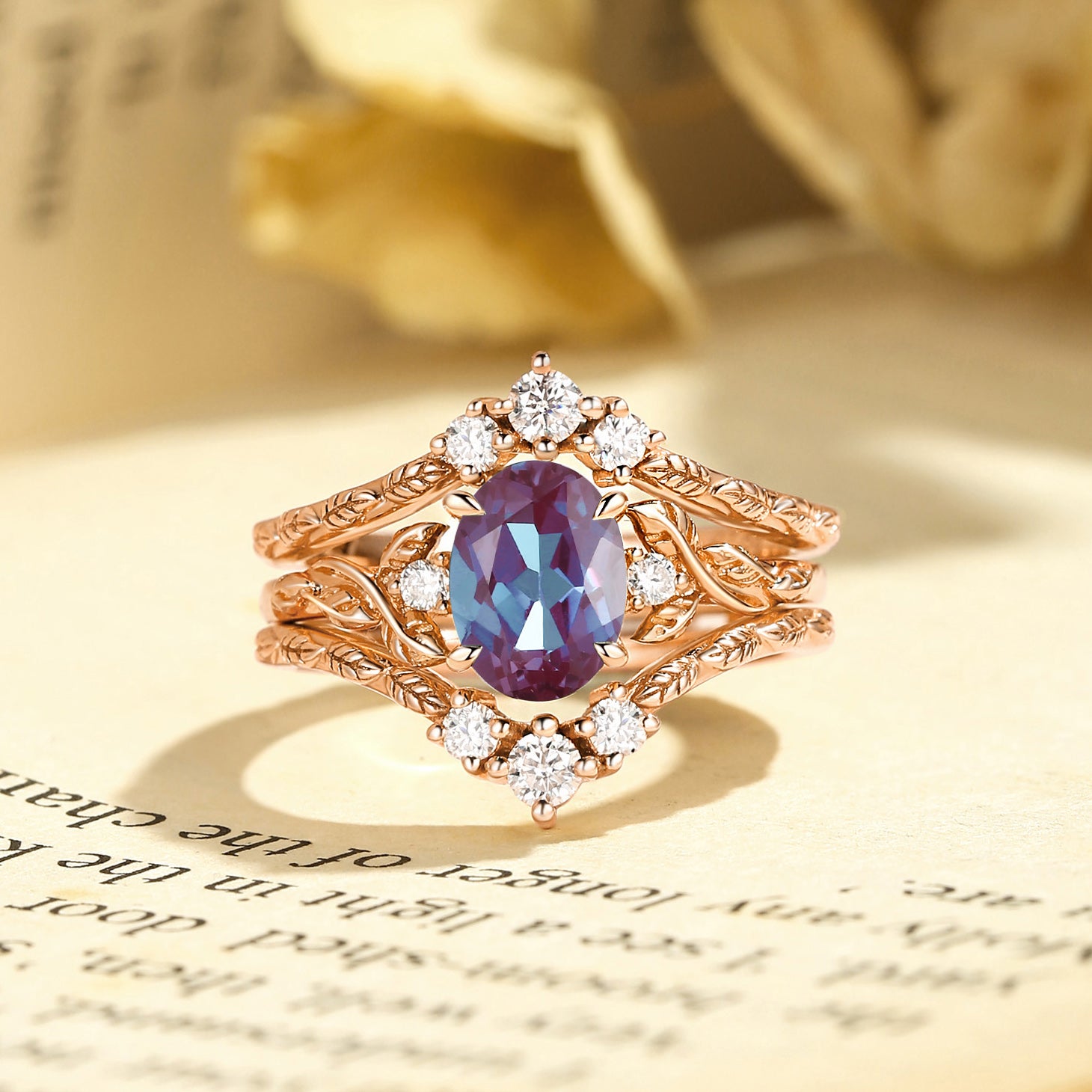 Josephine - Alexandrite Oval Cut Leafy Filigree Bridal Set 2pcs