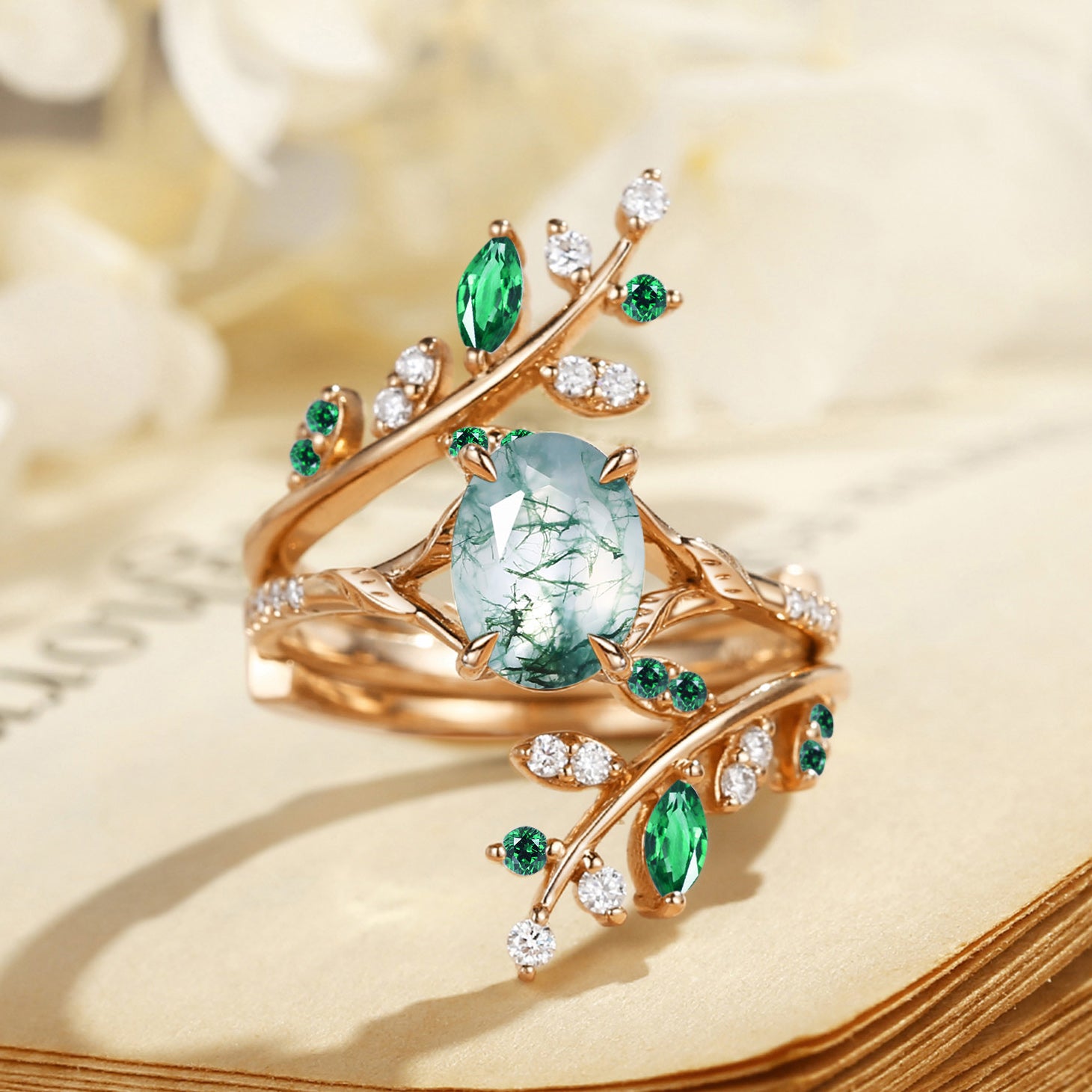 Daphne - Moss Agate & Emerald Cluster Bridal Set 2pcs