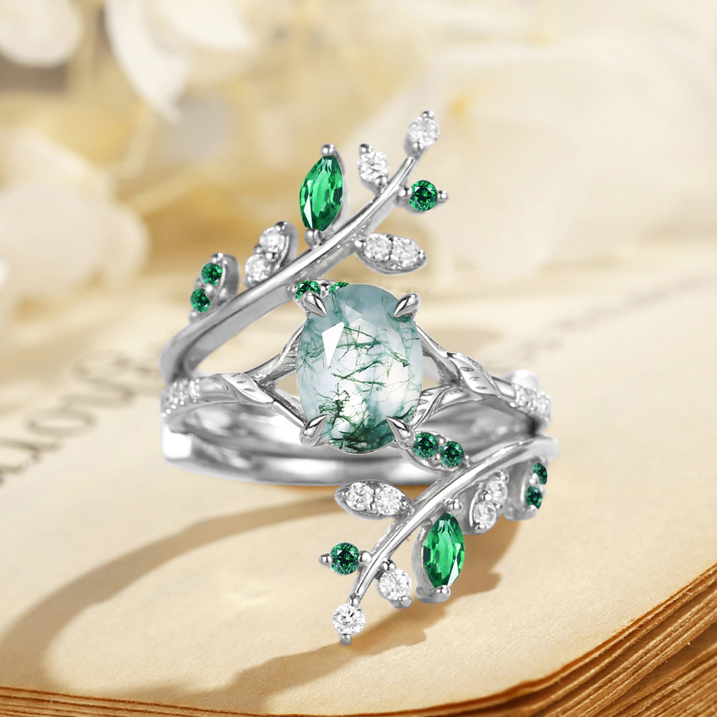 Daphne - Moss Agate & Emerald Cluster Bridal Set 2pcs