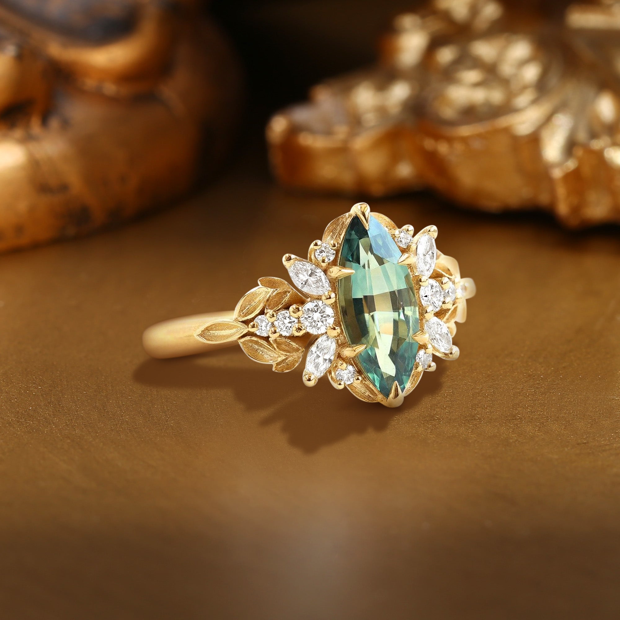 Brynn - Fairycore Marquise Cut Lab Green Sapphire Elf Engagement Ring