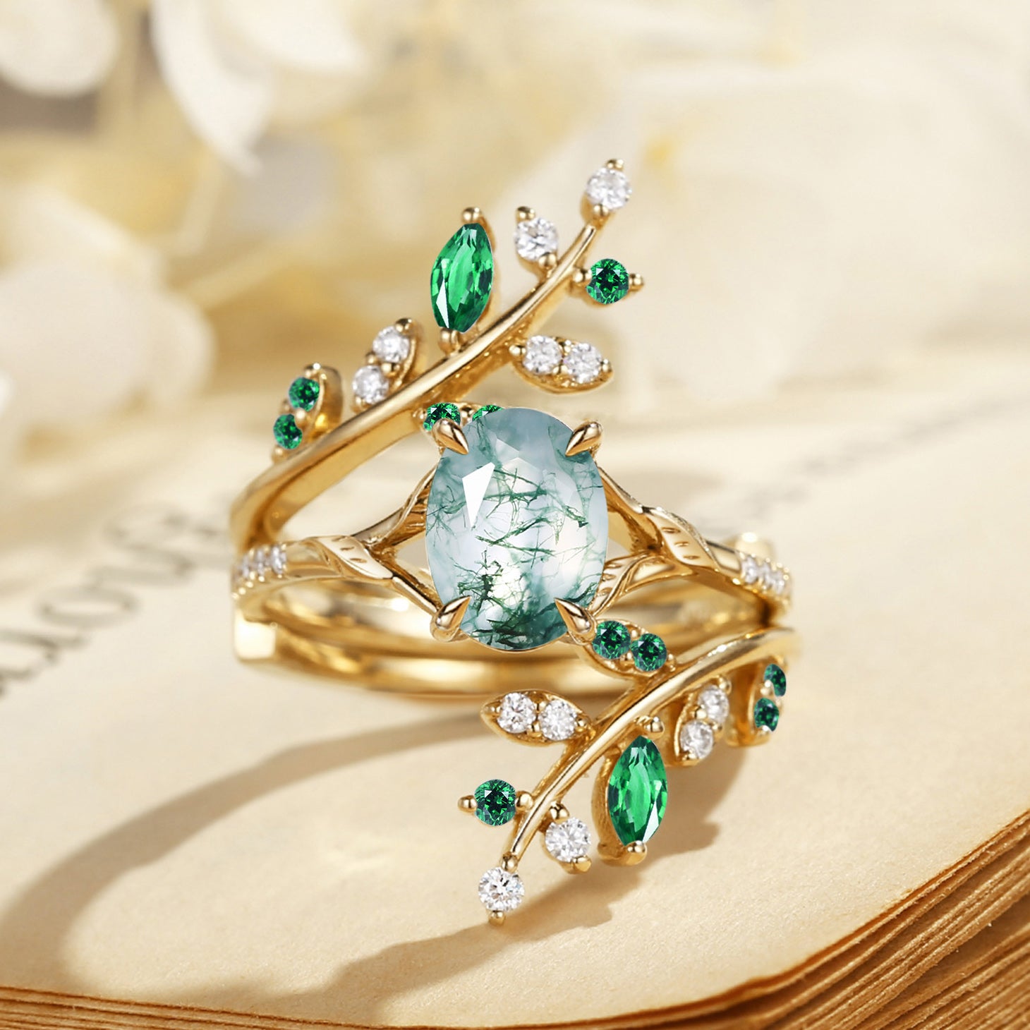 Daphne - Moss Agate & Emerald Cluster Bridal Set 2pcs