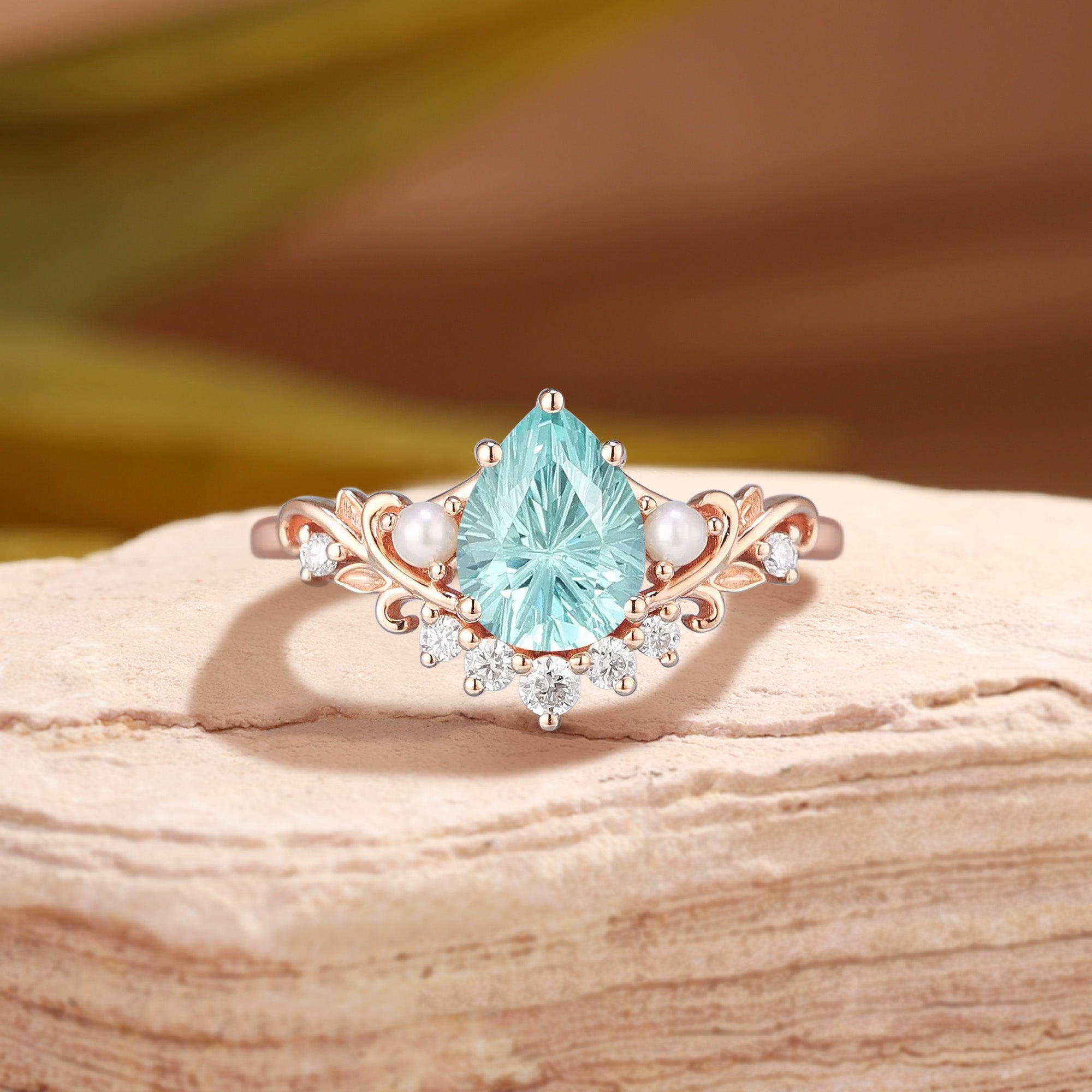 Celestine - Filigree Pear Firework Cut Light Green Sapphire & Pearl Engagement Ring