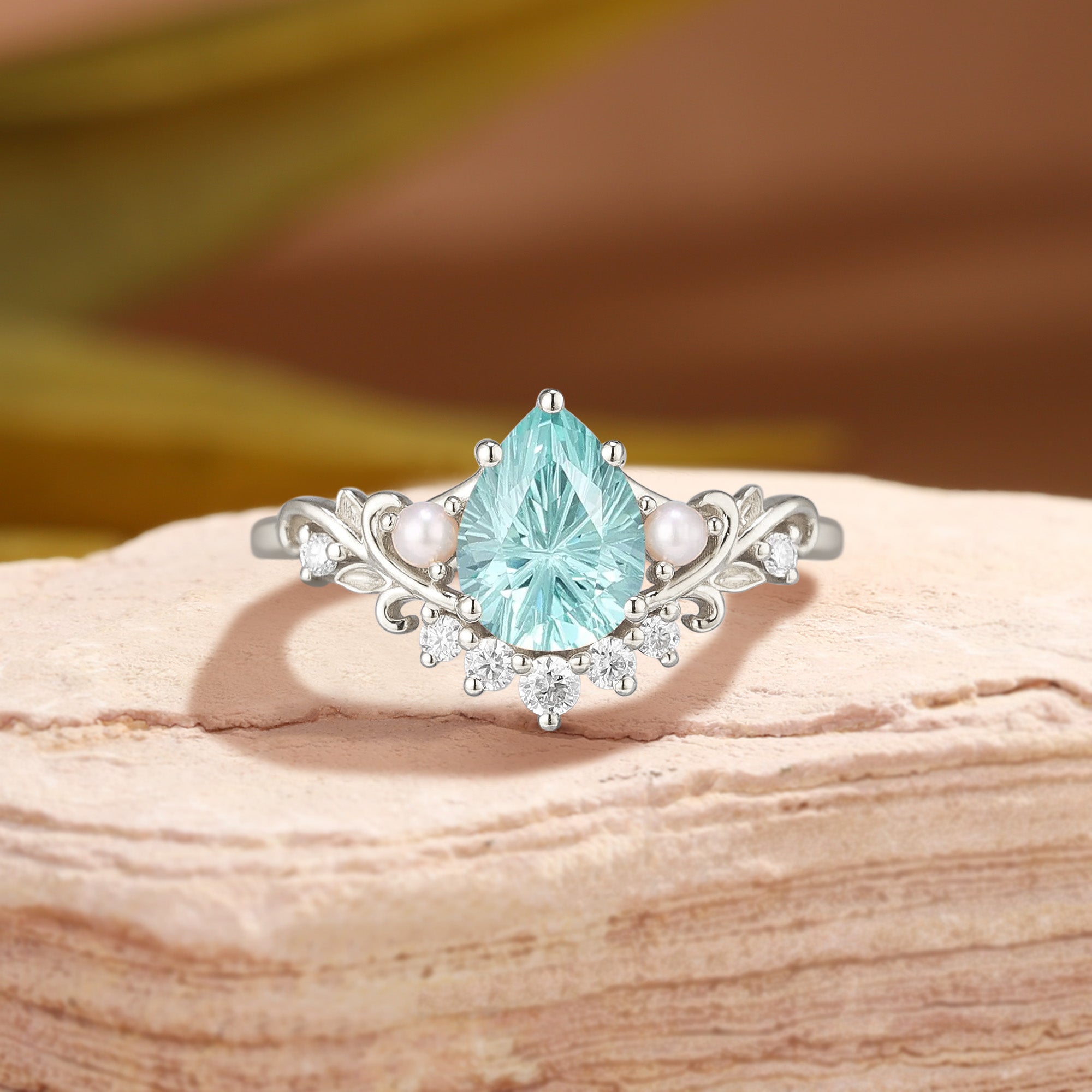 Celestine - Filigree Pear Firework Cut Light Green Sapphire & Pearl Engagement Ring