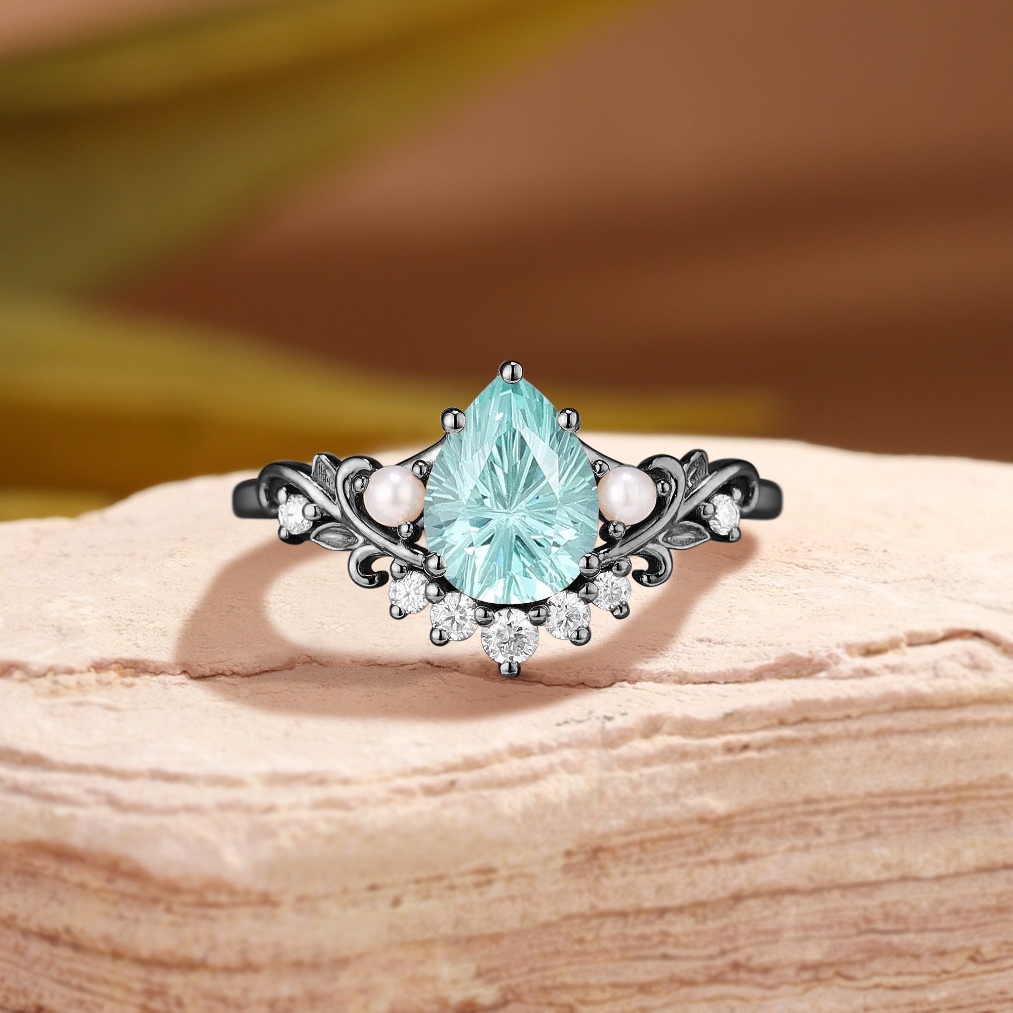 Celestine - Filigree Pear Firework Cut Light Green Sapphire & Pearl Engagement Ring