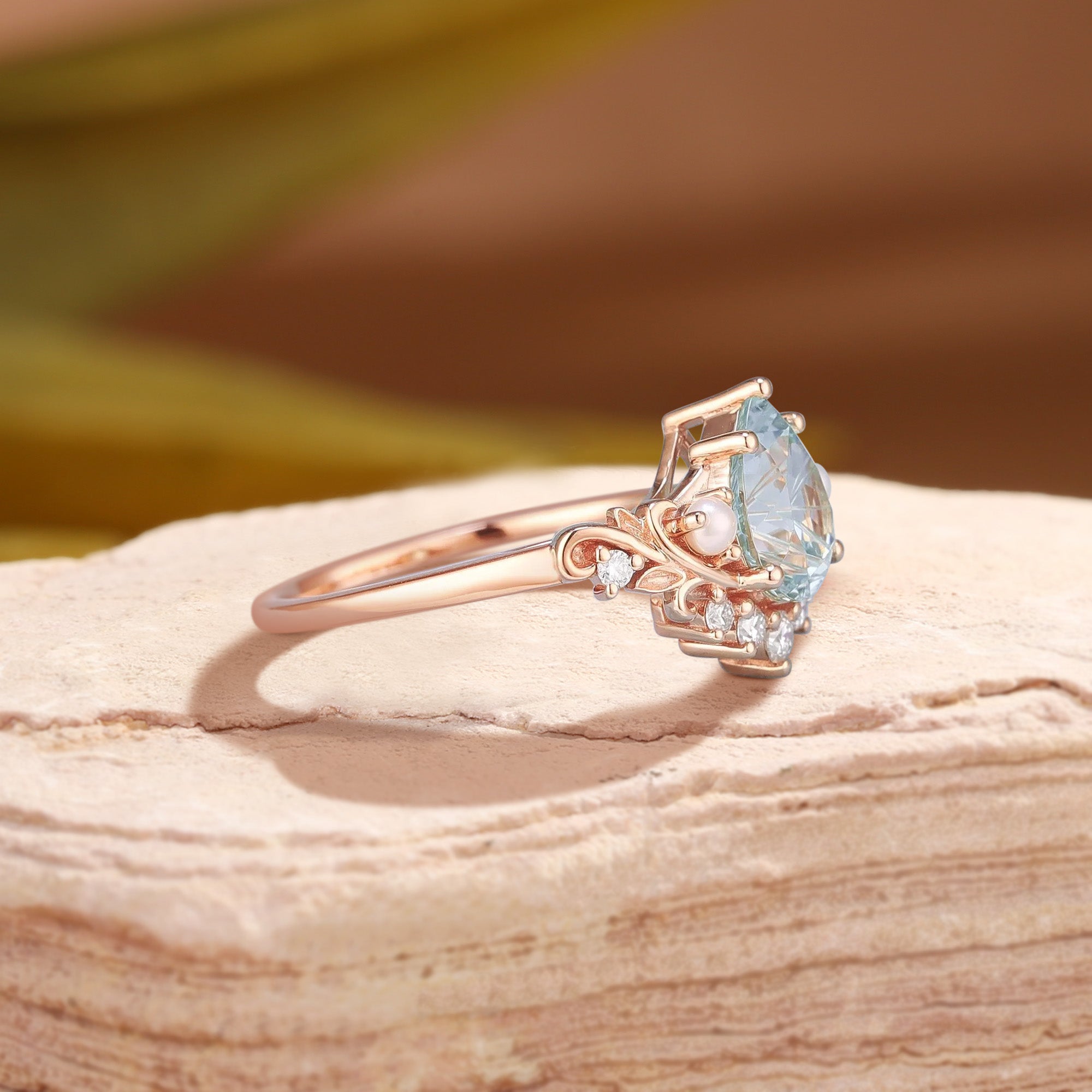 Celestine - Filigree Pear Firework Cut Light Green Sapphire & Pearl Engagement Ring