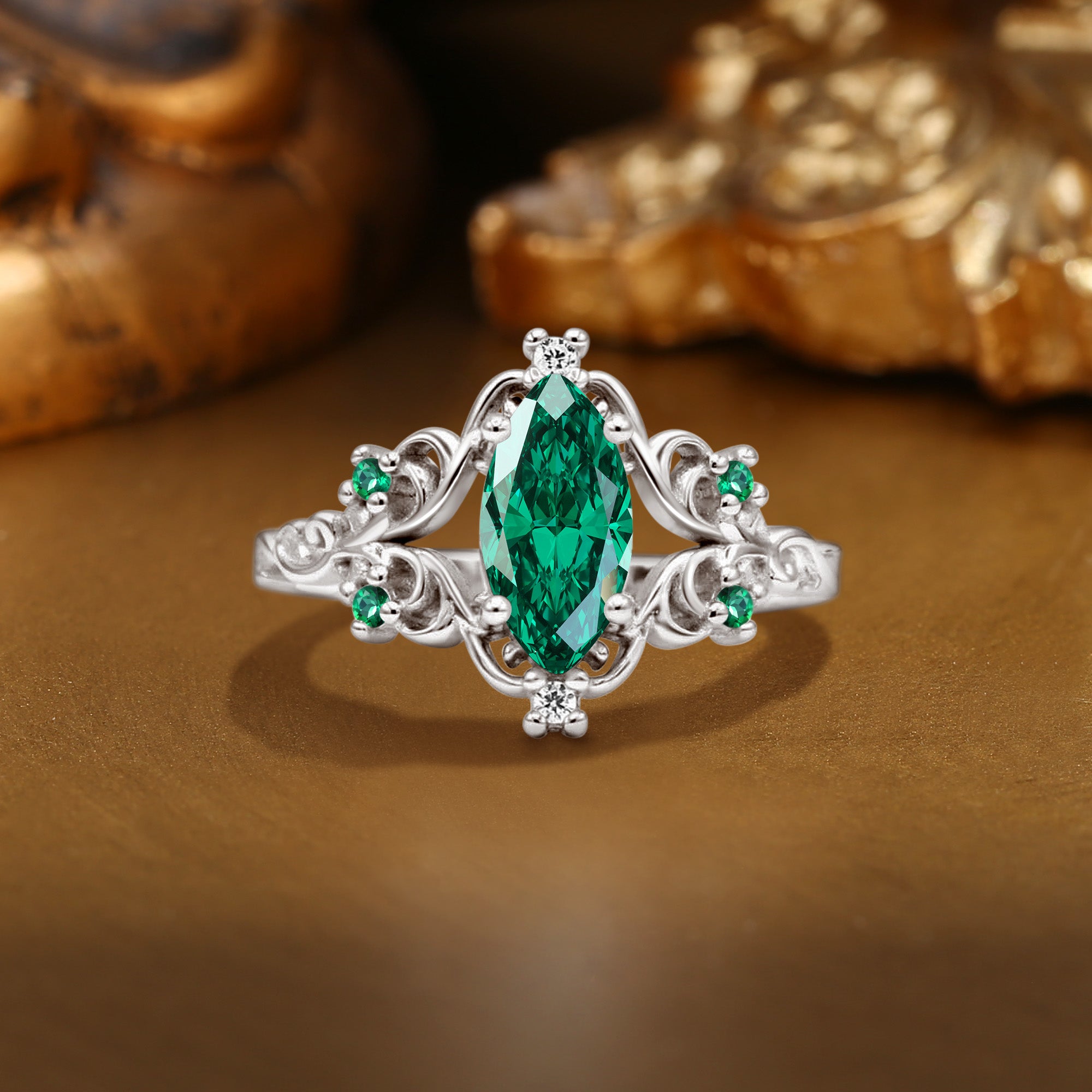 Lois - Marquise Lab Emerald Filigree Royalcore Wedding Ring