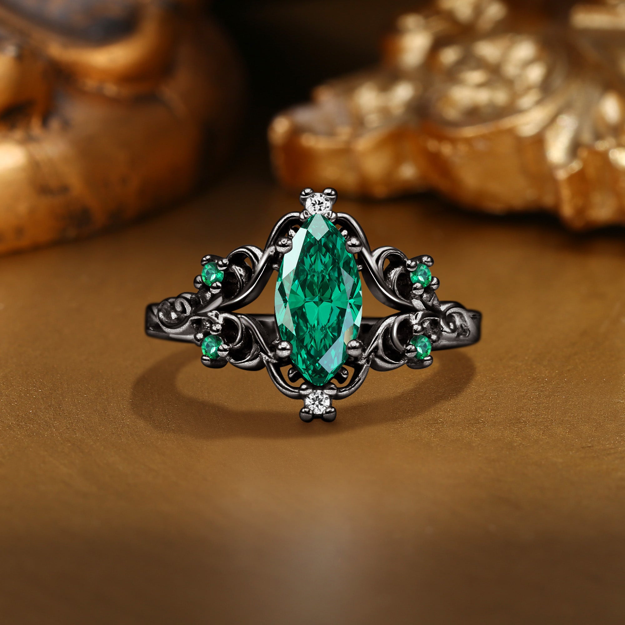 Lois - Marquise Lab Emerald Filigree Royalcore Wedding Ring