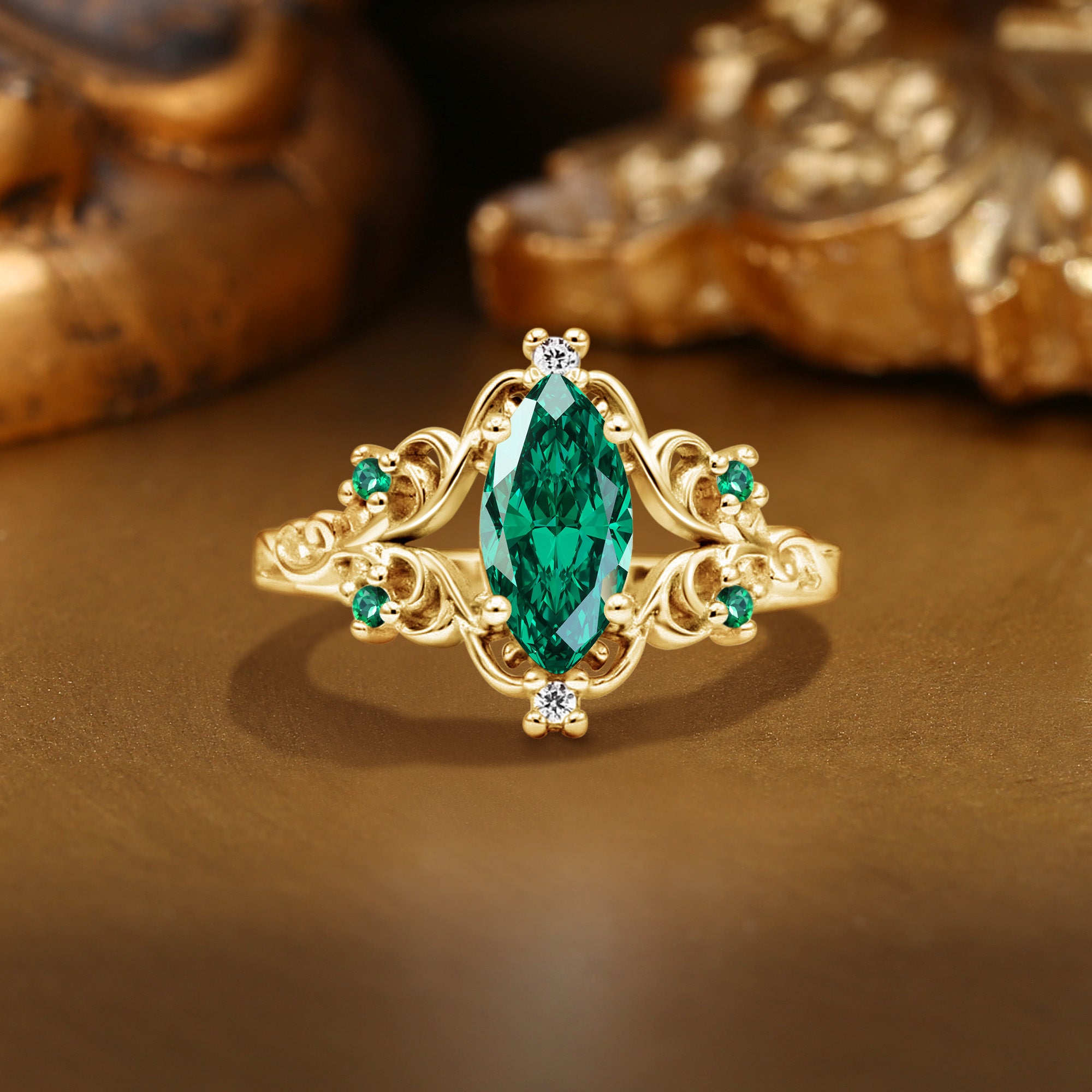 Lois - Marquise Lab Emerald Filigree Royalcore Wedding Ring