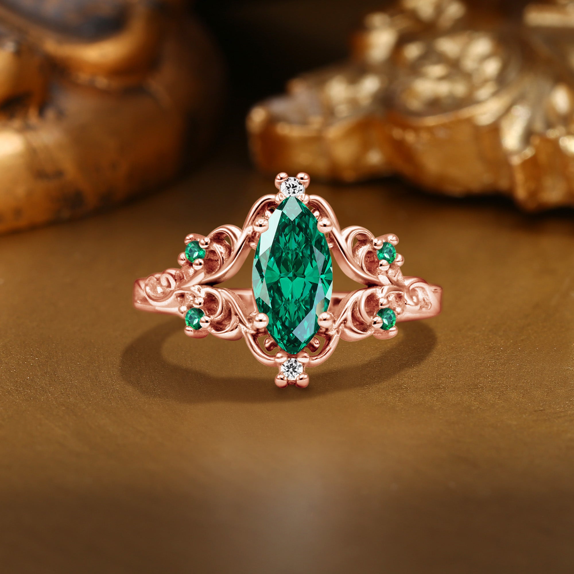 Lois - Marquise Lab Emerald Filigree Royalcore Wedding Ring