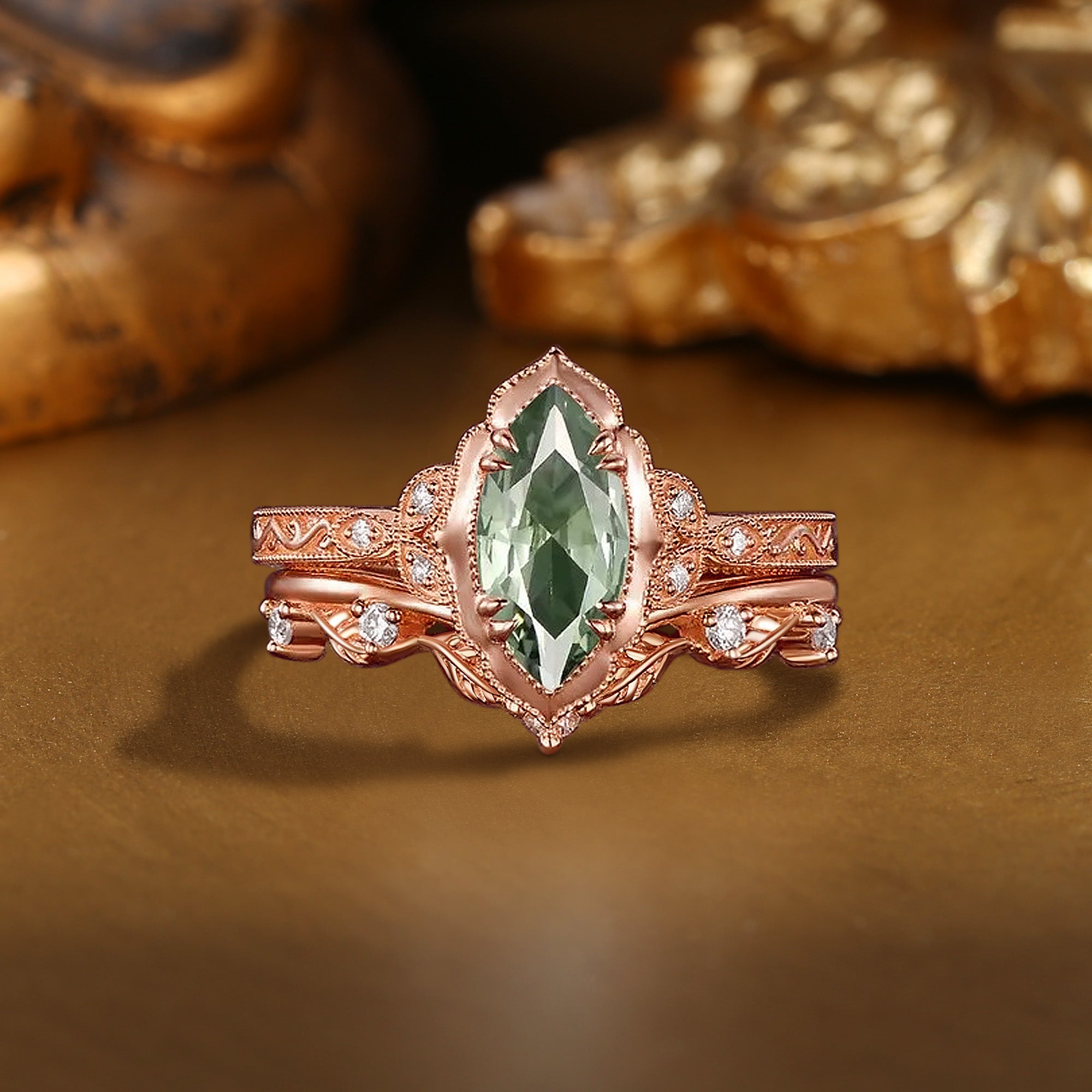 Lorraine - Royalcore Marquise Cut Lab Green Sapphire Victorian Vintage Bridal Sets 2PCS