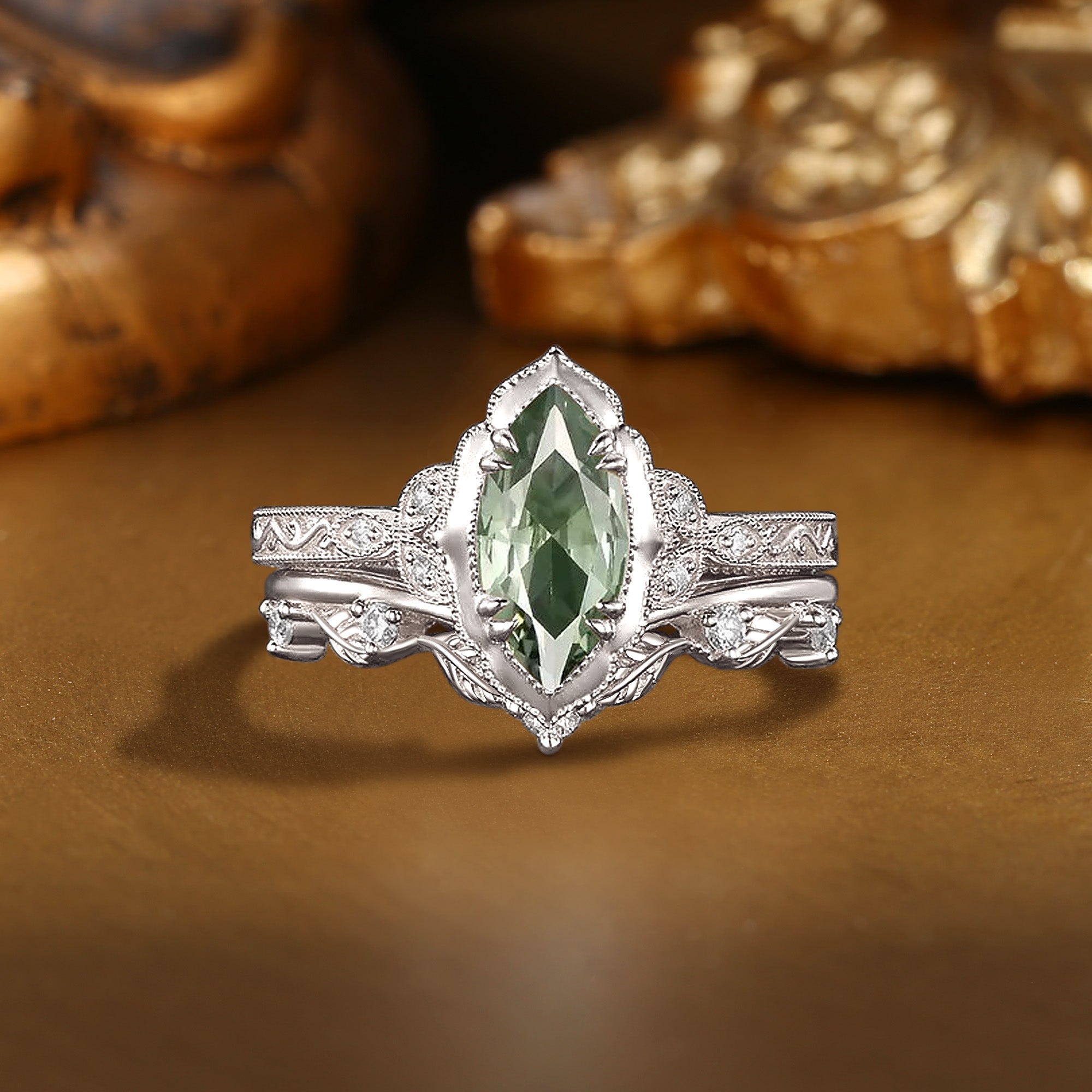 Lorraine - Royalcore Marquise Cut Lab Green Sapphire Victorian Vintage Bridal Sets 2PCS