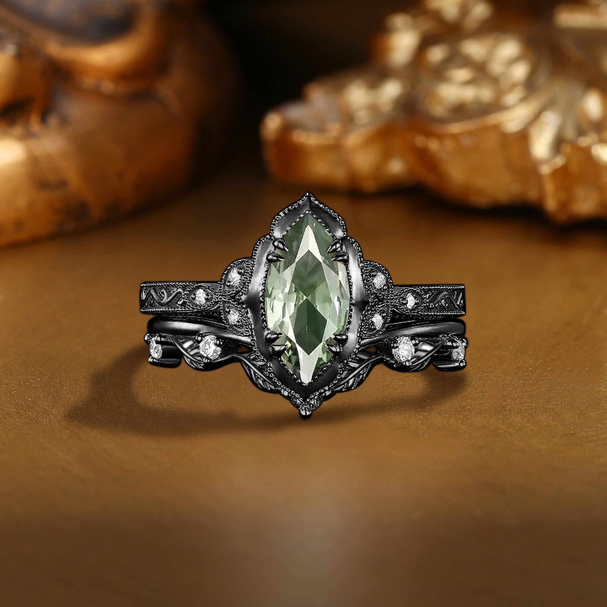 Lorraine - Royalcore Marquise Cut Lab Green Sapphire Victorian Vintage Bridal Sets 2PCS