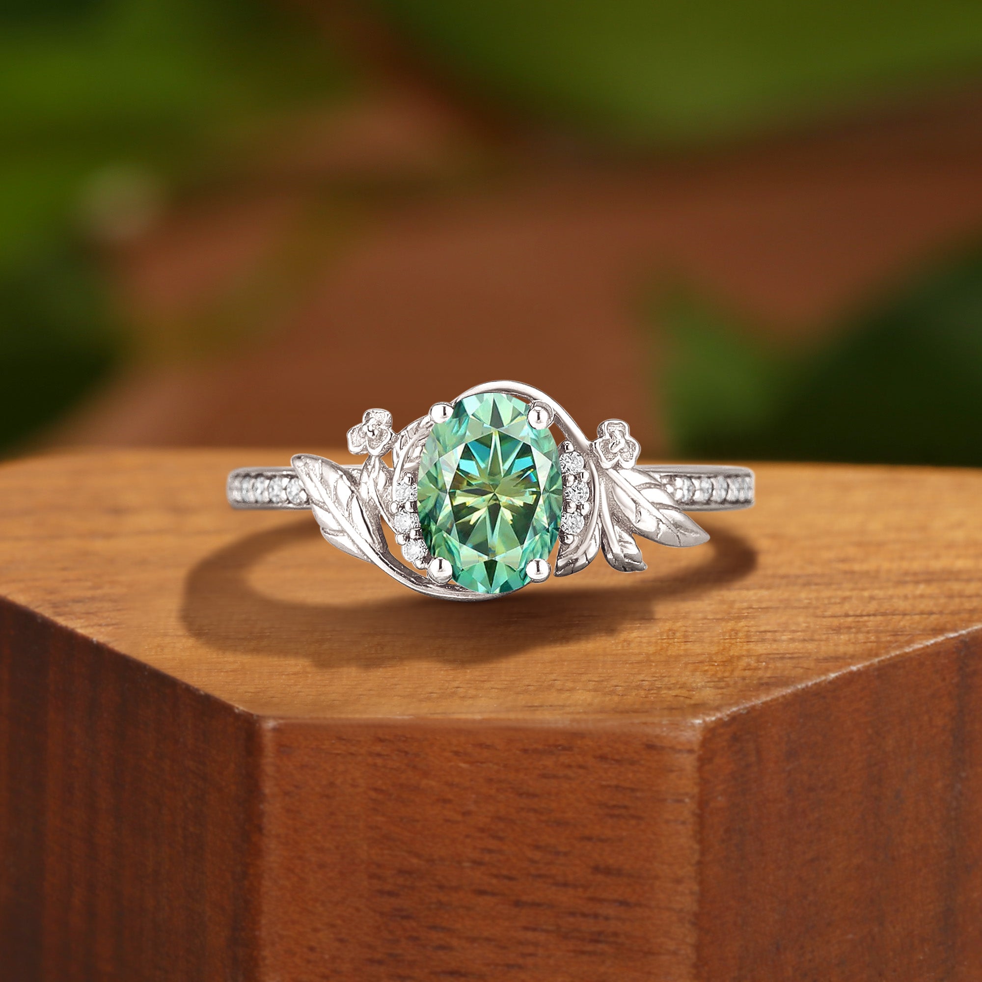 Charlotte - Oval Cut Mint Green Moissanite Bloom & Leaf Engagement Ring