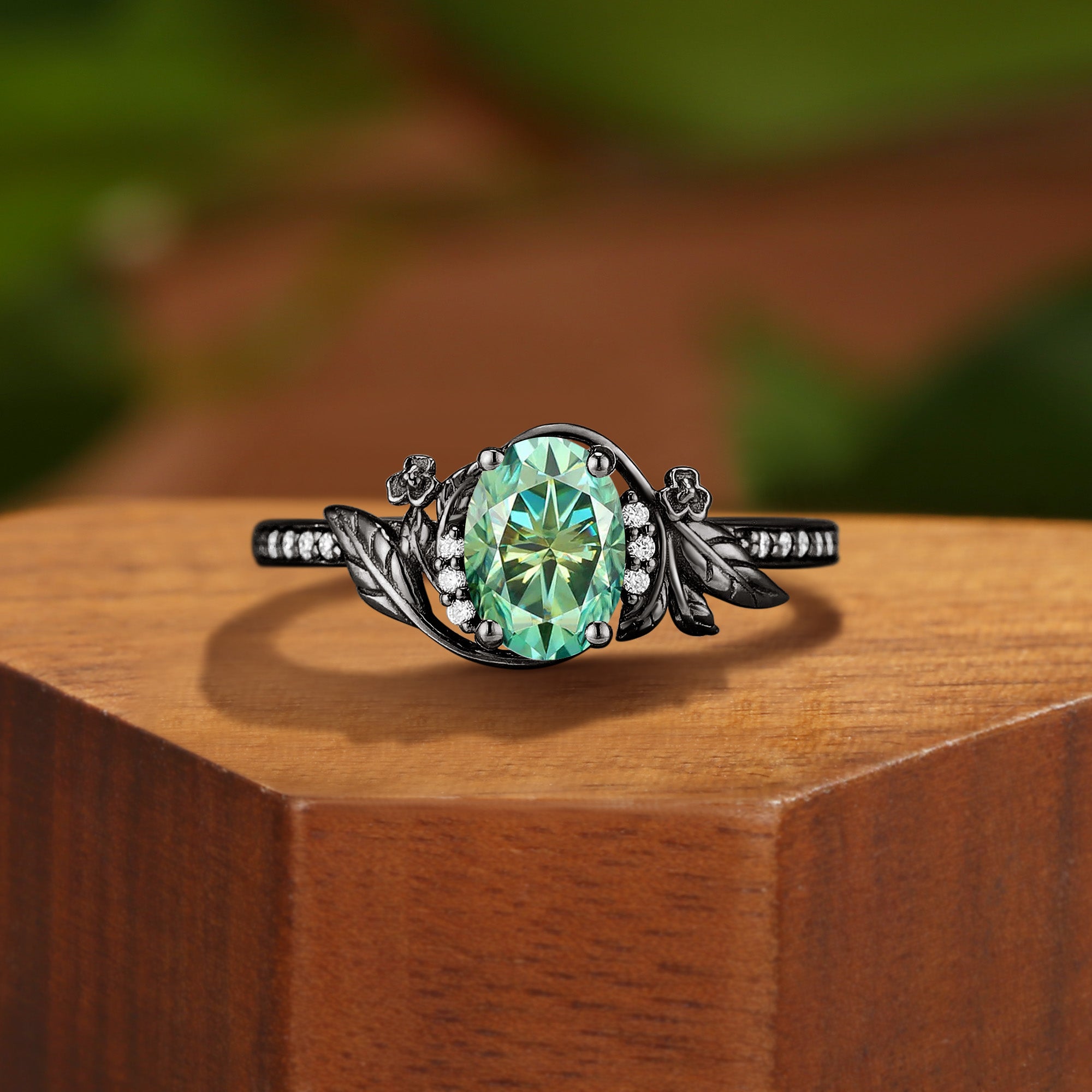 Charlotte - Oval Cut Mint Green Moissanite Bloom & Leaf Engagement Ring