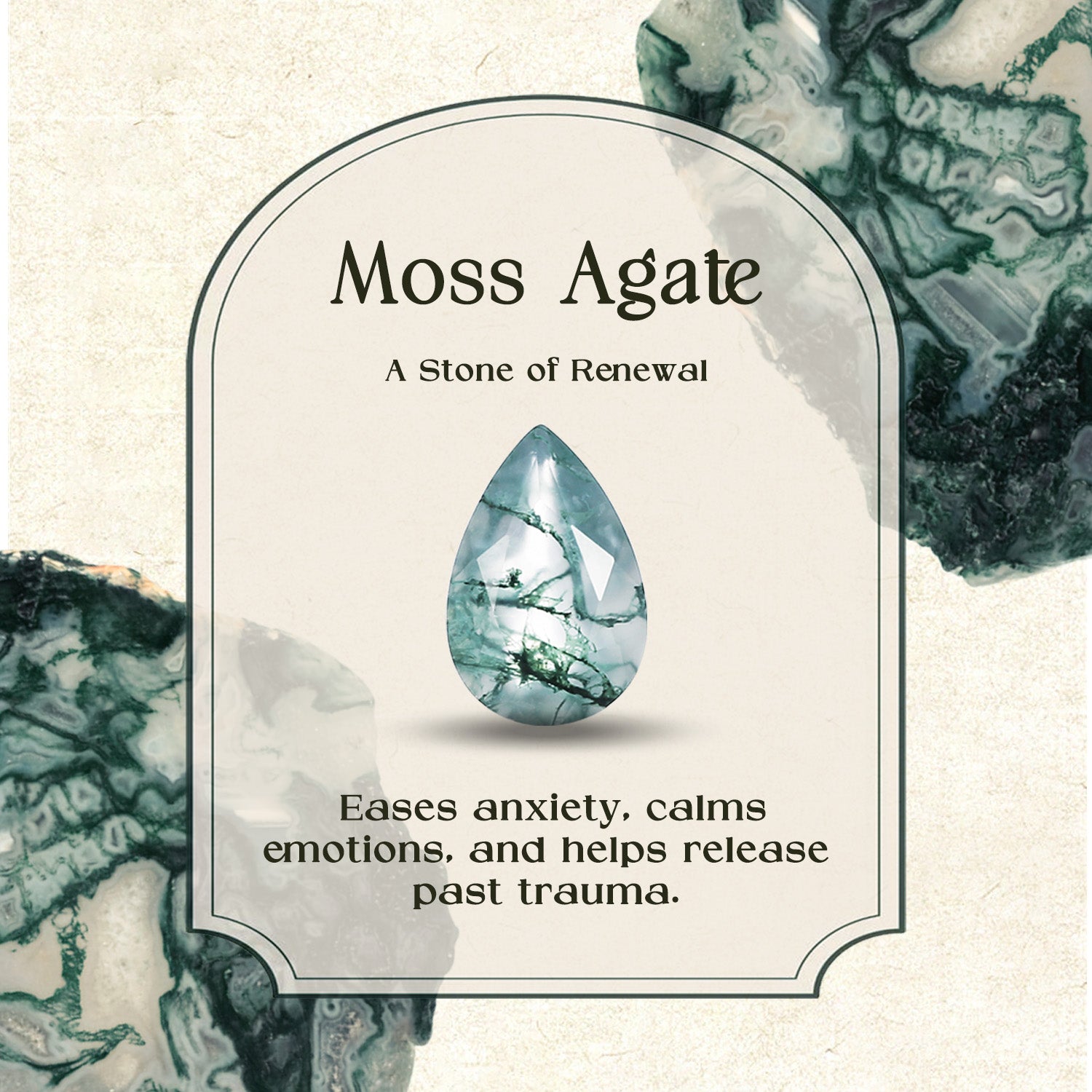 Moss Agate stone with text about its properties on a textured background