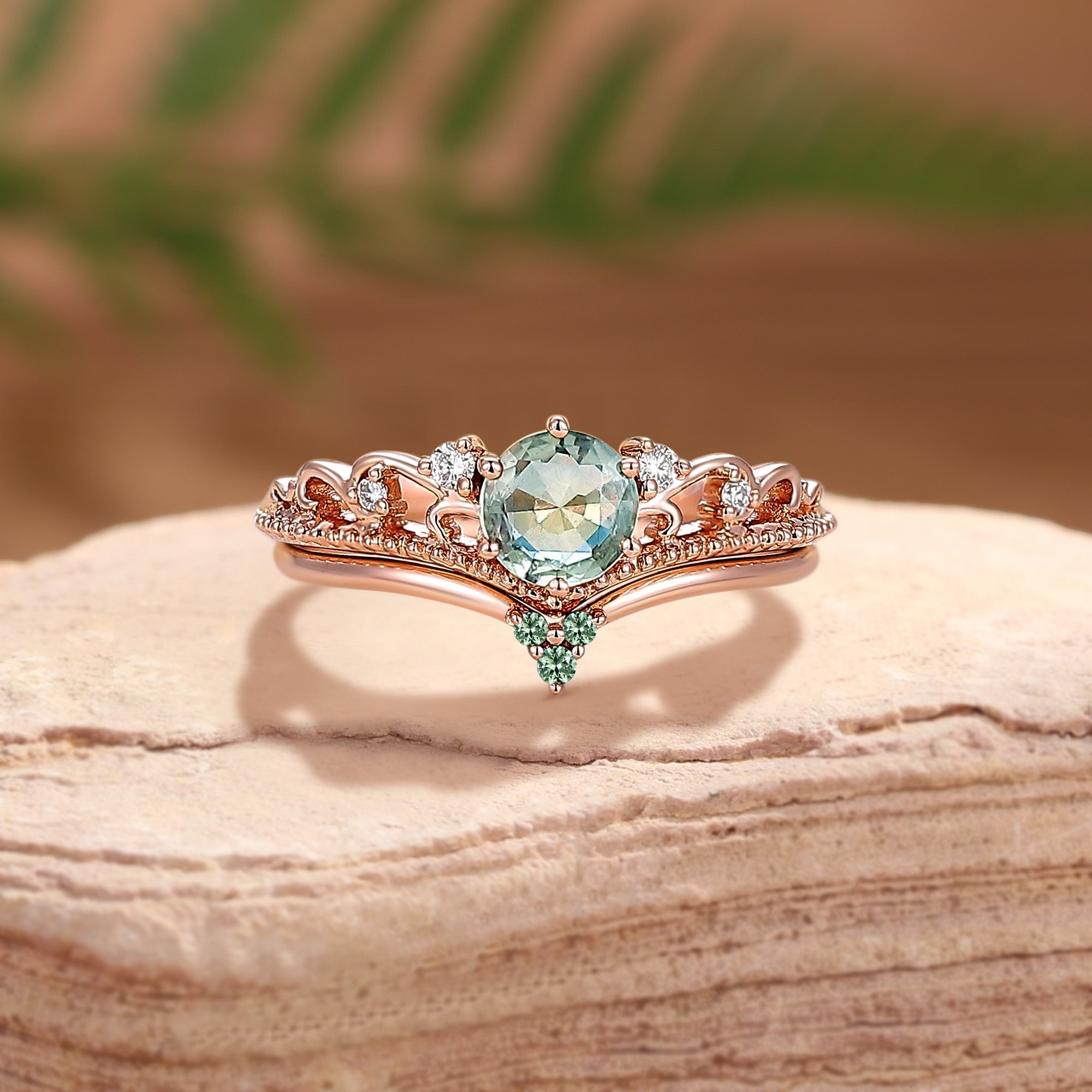 Maëlys - Natural Blue Green Sapphire Princesscore Vintage Engagement Ring Set 2pcs