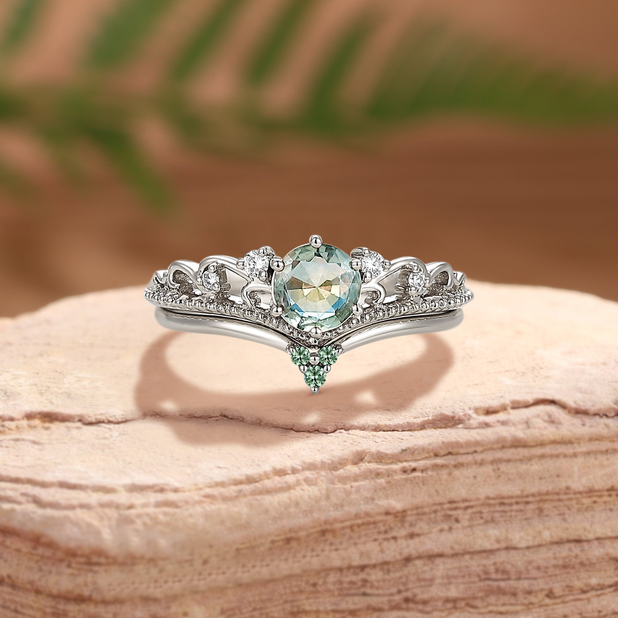 Maëlys - Natural Blue Green Sapphire Princesscore Vintage Engagement Ring Set 2pcs