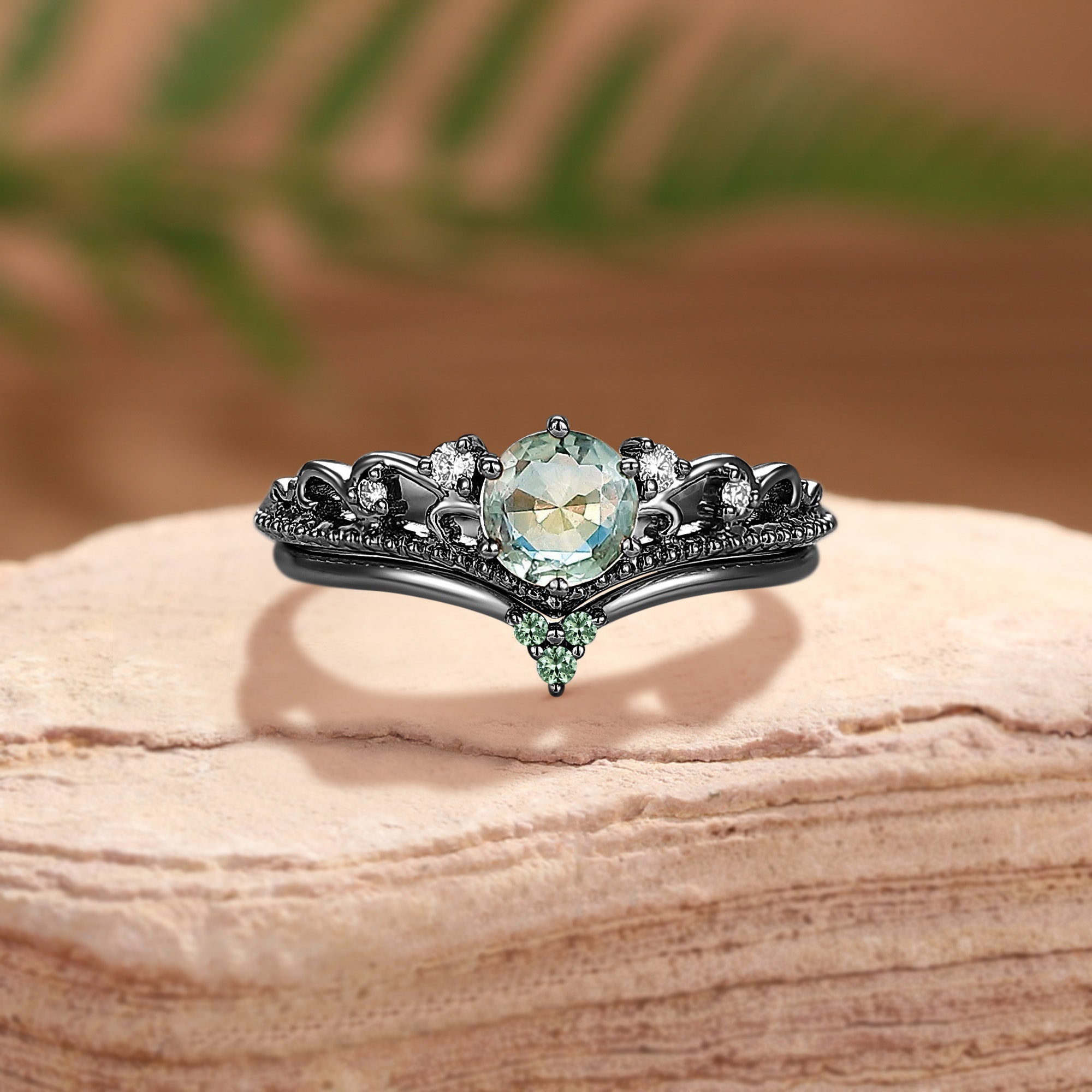 Maëlys - Natural Blue Green Sapphire Princesscore Vintage Engagement Ring Set 2pcs