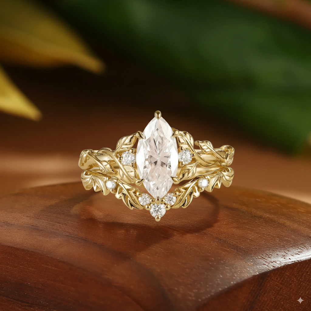 Eden - Vintage Moissanite Marquise Floral Engagement Ring Set