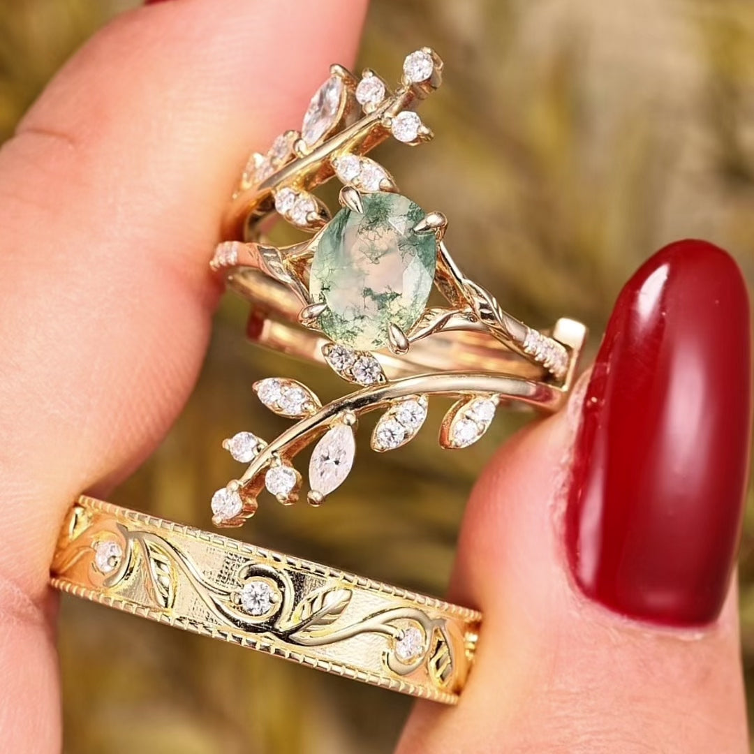 Load video: Daphne - Oval Cut Moss Agate Cluster Couple Ring Set