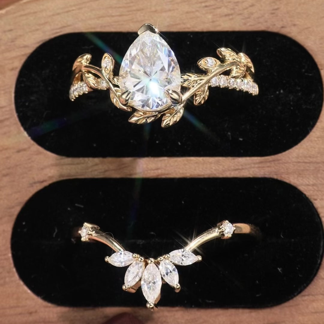 Load video: Jora - Pear Cut Moissanite Vine Inspired Leafy Bridal Set 2pcs