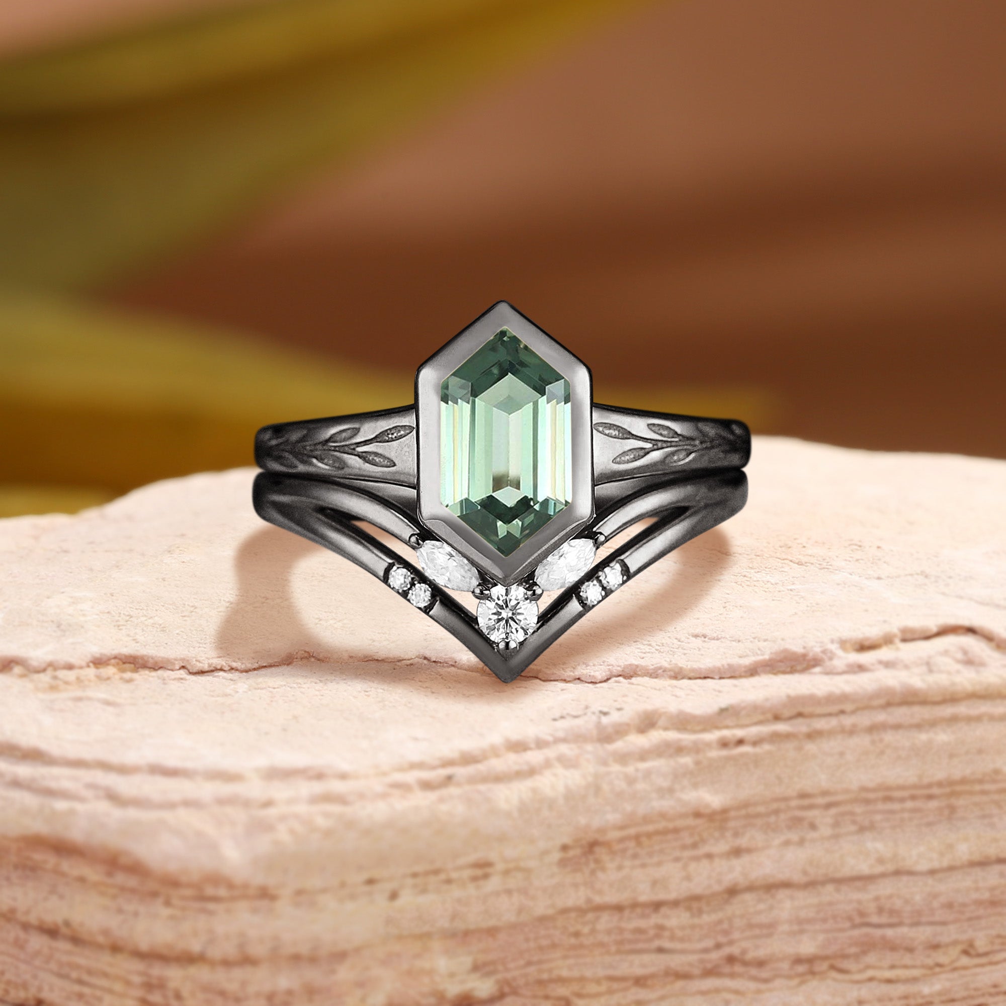 Ruelle - Green Sapphire Hexagon Cut Leaf Engraved Promise Ring Sets