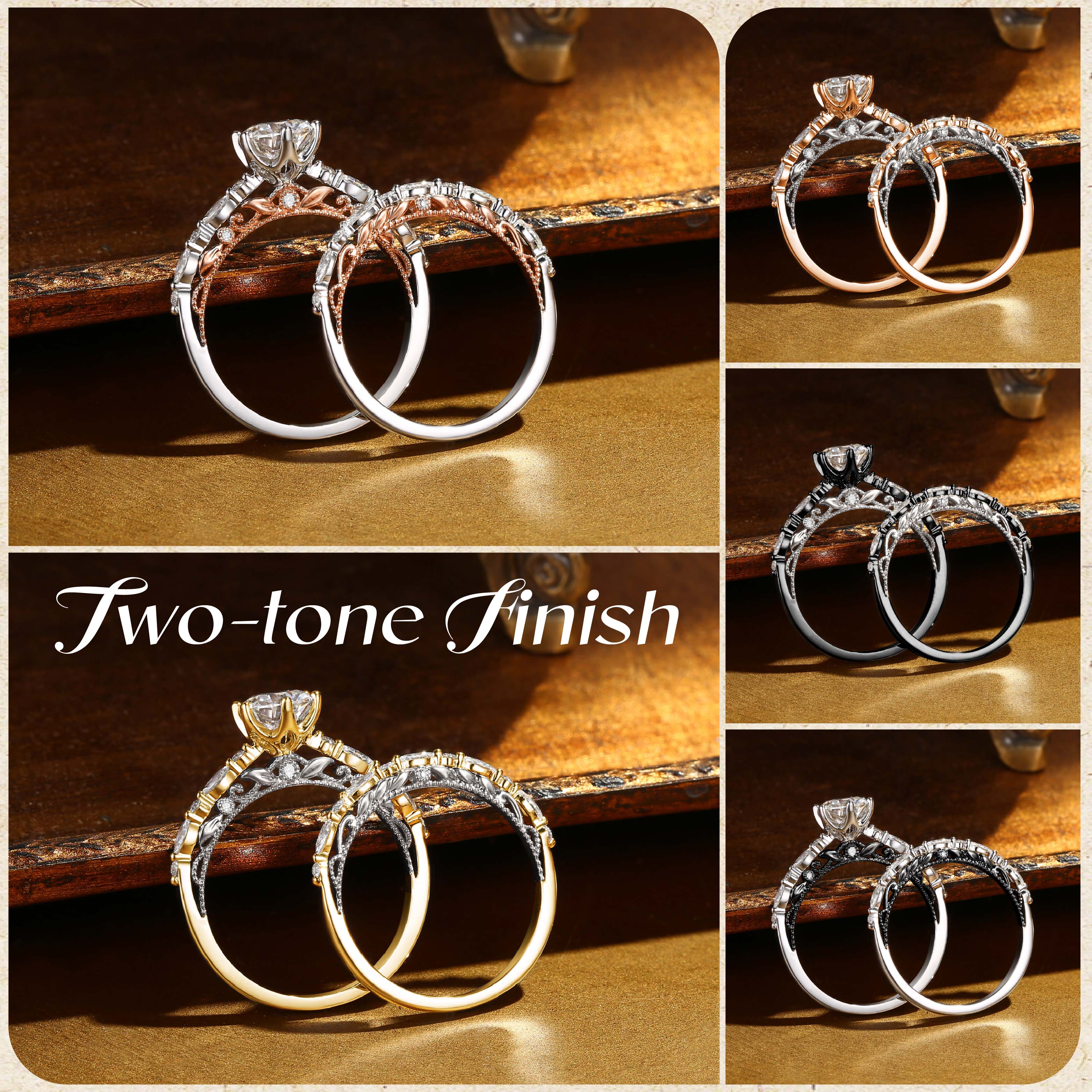Celeste - Victorian Two Tone Gold Vintage Moissanite Engagement Ring Set 2pcs
