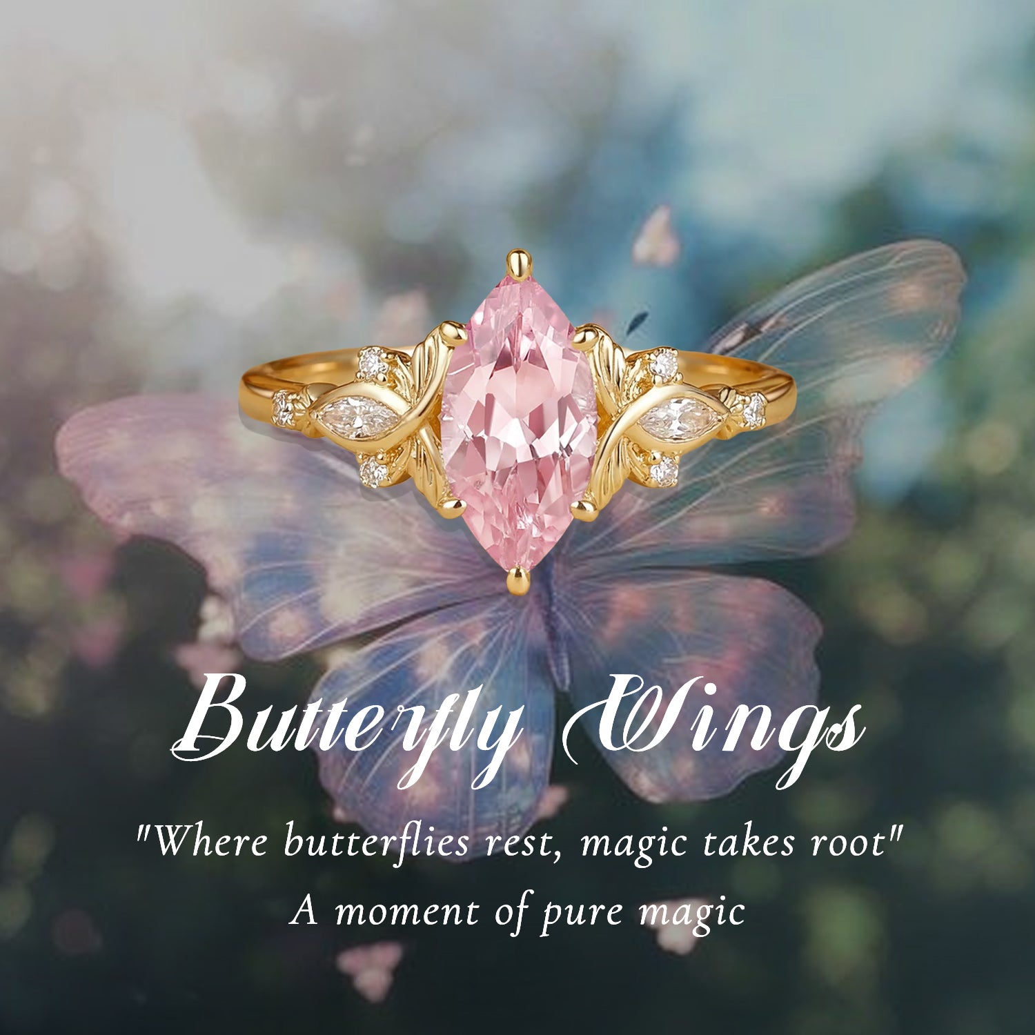 Forest Fairy Marquise Cut Pink Sapphire Leafy Engagement Ring - Letitia