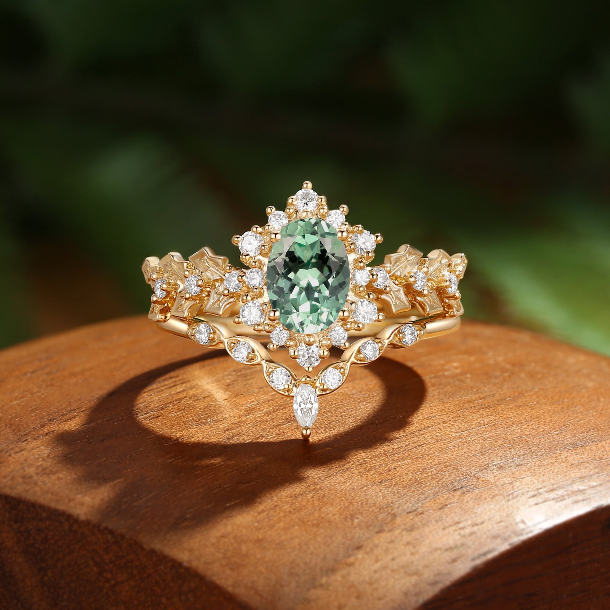 Oval Cut Firework Green Sapphire Holly Leaf Engagement Ring Set 2PCS - Esme